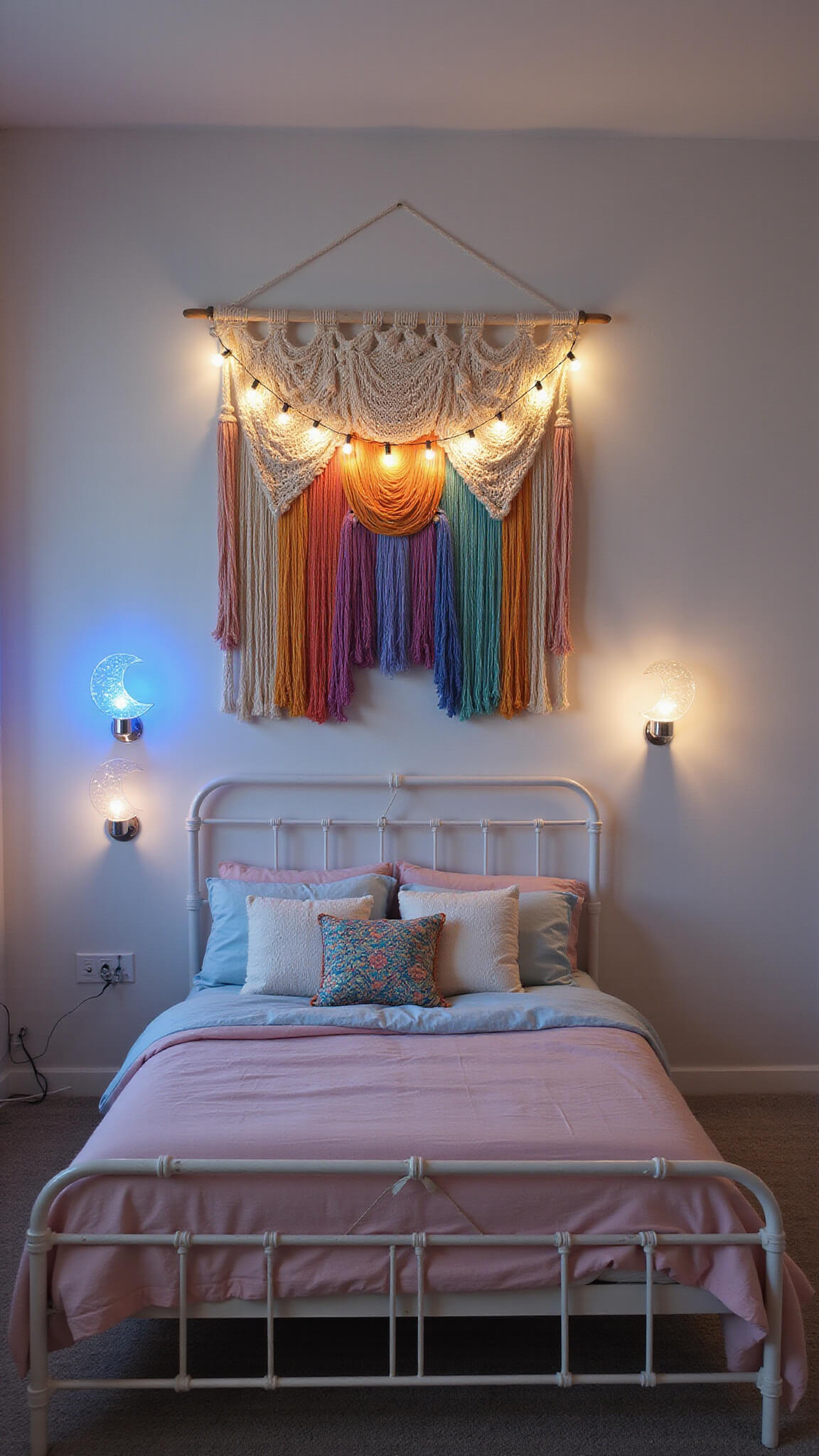 Rainbow macramé wall hanging above white twin bed with pastel bedding, twinkle lights, and moon LED sconces in a dreamy blue hour-lit room.