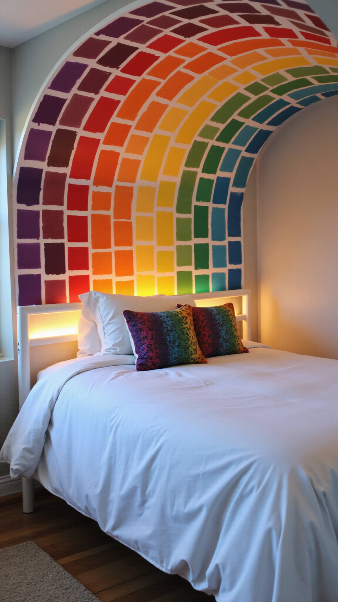 Cozy 11x13ft sleeping nook at dusk with a curved rainbow accent wall, white metal bed frame with white linens and rainbow pillows, and warm LED backlighting.