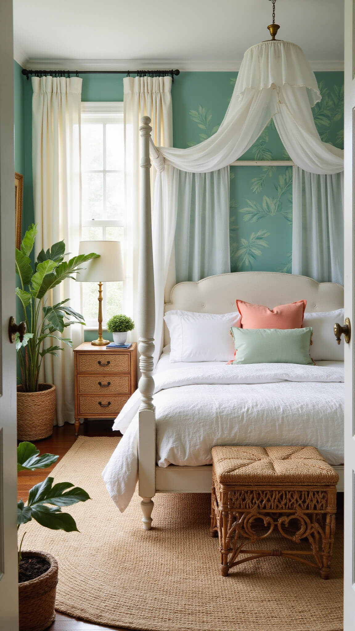 Tropical bedroom with four-poster bed, seafoam green accent wall with monstera wallpaper, rattan furniture, and sunlit floor-to-ceiling windows.
