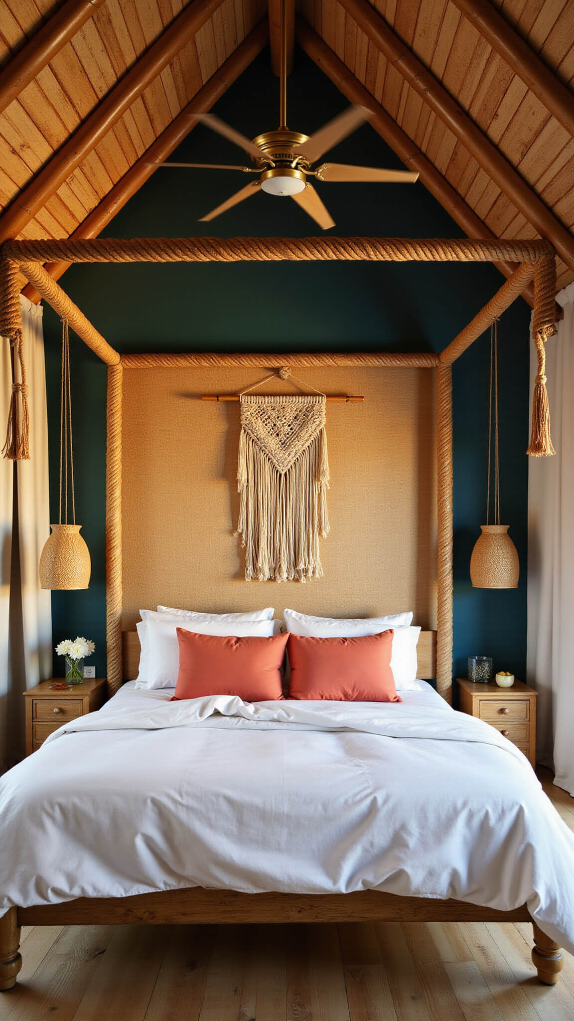 Low-angle view of tropical bedroom at golden hour with bamboo ceiling, rope-post bed, white linens, coral pillows, brass ceiling fan, woven lights, grasscloth wallpaper, and macramé on teal wall.