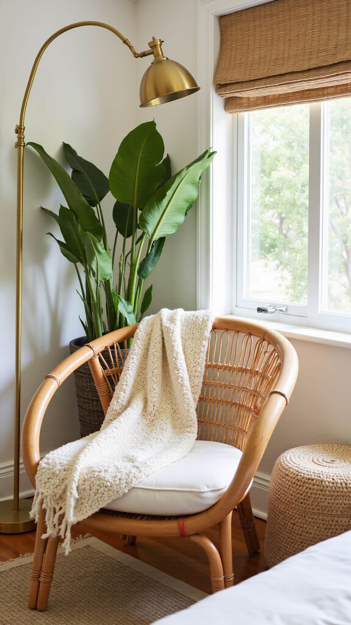 Curved rattan chair with cream knit throw beside bird of paradise plant and brass floor lamp in sunlit tropical bedroom.