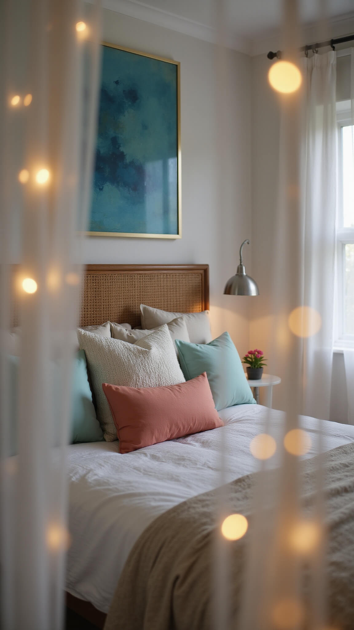 Twilight bedroom with rumpled king bed, seafoam and coral pillows, rattan headboard, soft lighting, and fairy lights through sheer canopy.