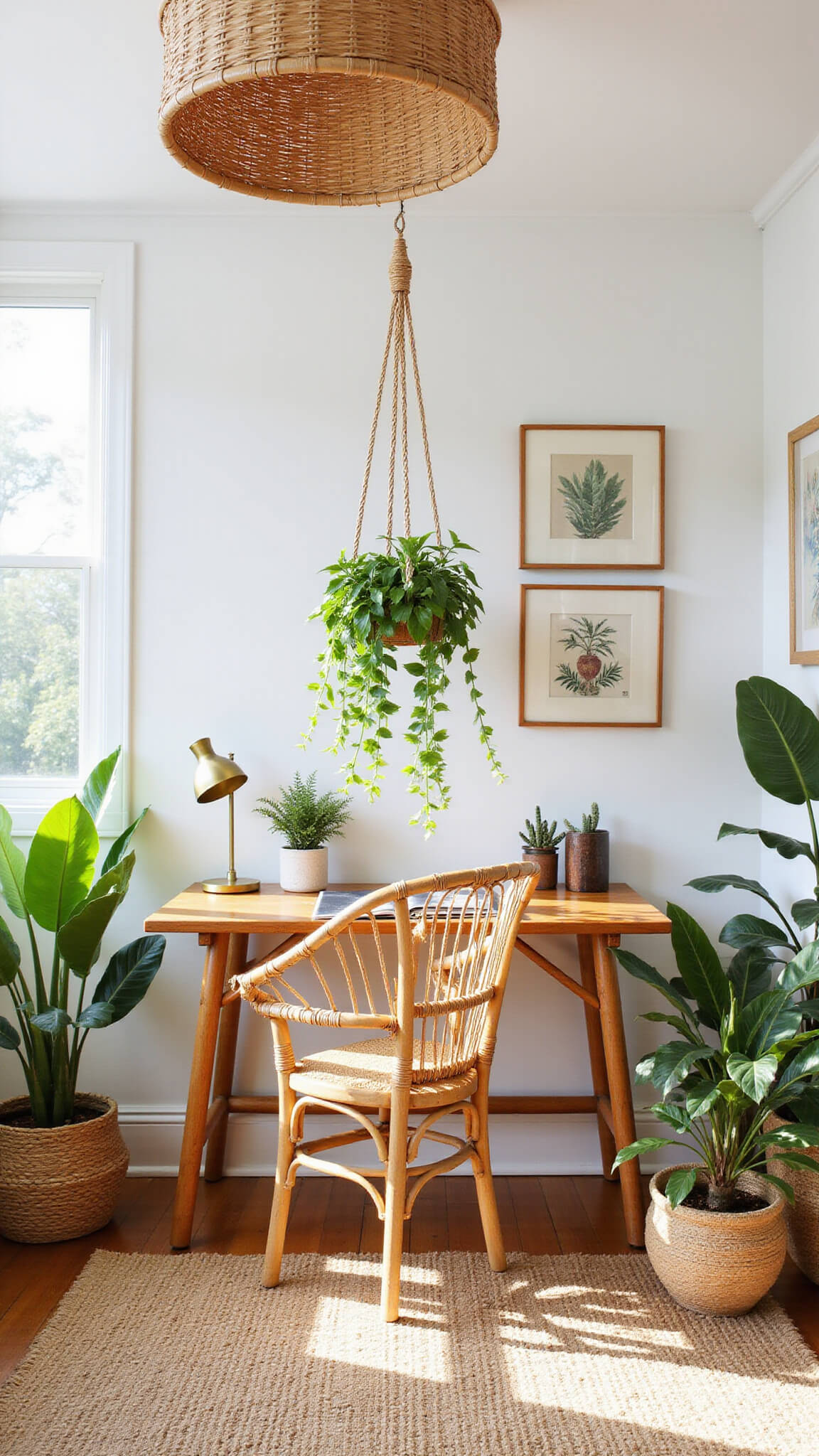 Sunlit tropical bedroom workspace with rattan chair, bamboo desk, hanging pothos, botanical print gallery wall, and layered natural rugs.
