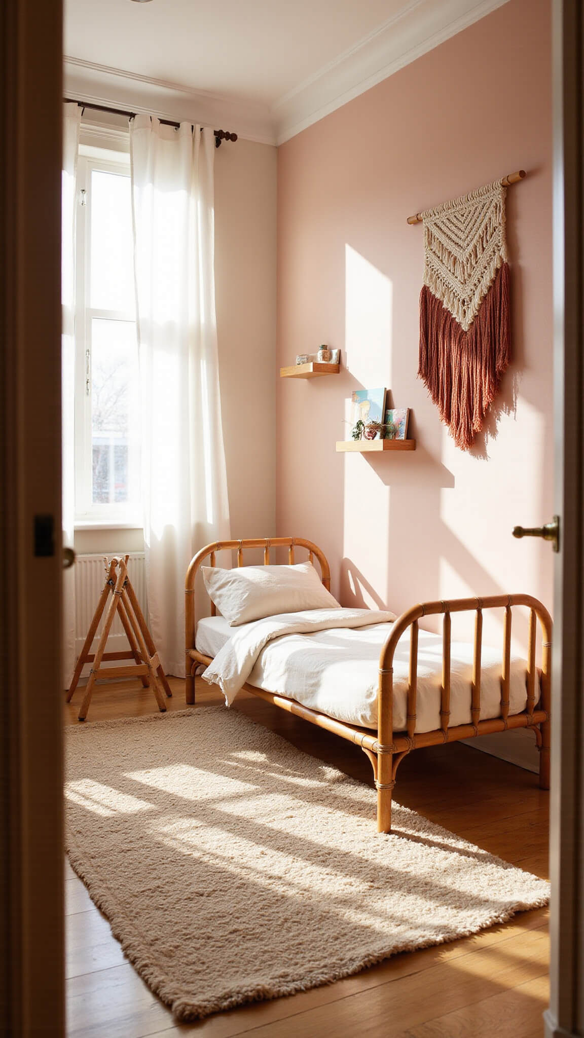 Sunlit toddler bedroom with rattan bed, blush pink accent wall, Montessori climbing triangle, layered rugs, macramé wall hanging, and floating shelves with vintage books.