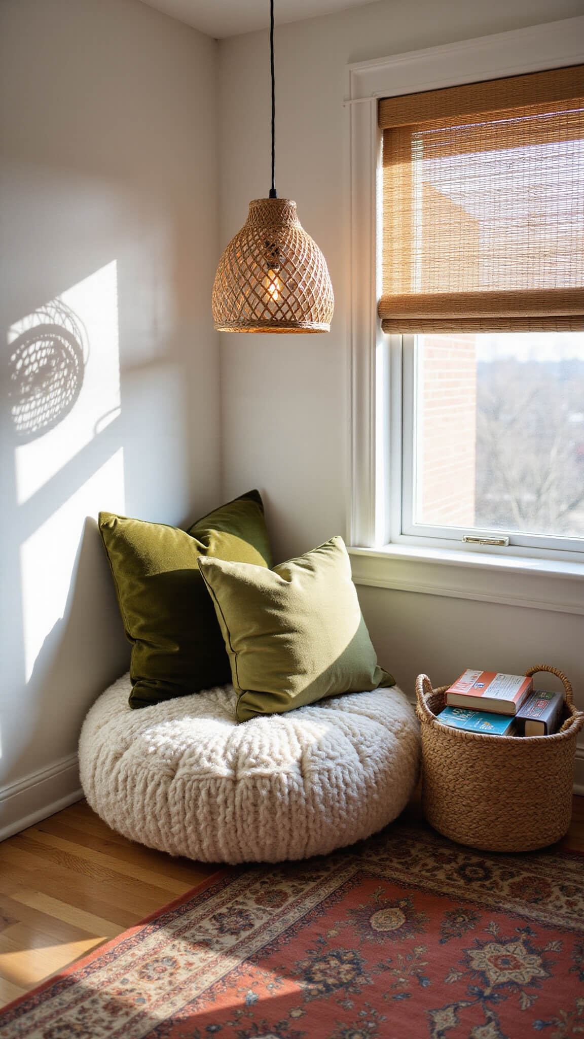 Cozy toddler reading nook with knit pouf, velvet floor cushions, and books in a basket on a vintage rug, bathed in dappled morning light through bamboo blinds.