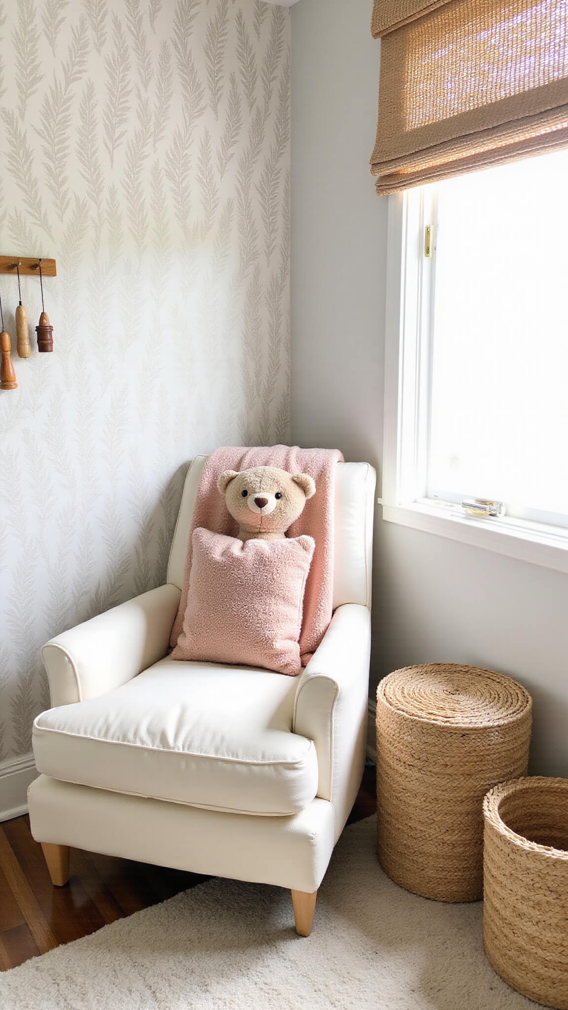 High-angle view of a 14x16ft boho nursery corner at mid-morning, featuring a cream teddy bear armchair with blush pink throw, textured palm frond wallpaper, handwoven baskets, brass and wood mobile, and natural fiber roman shade filtering sunlight.