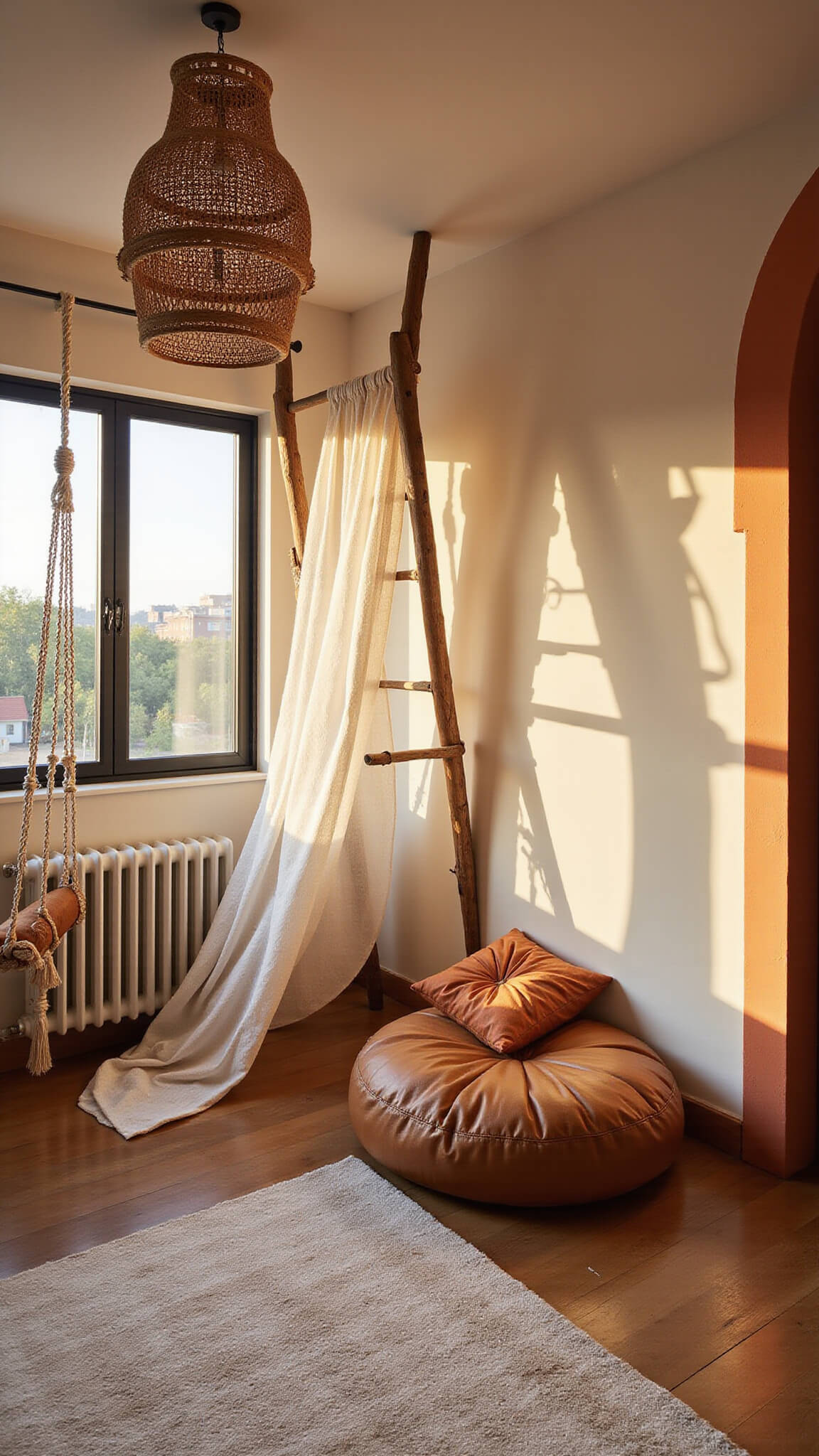 Toddler playroom at dusk with wooden climbing frame under muslin canopy, cognac Moroccan pouf, macramé swing, warm cream walls with terracotta arch, and woven pendant casting golden hour shadows.