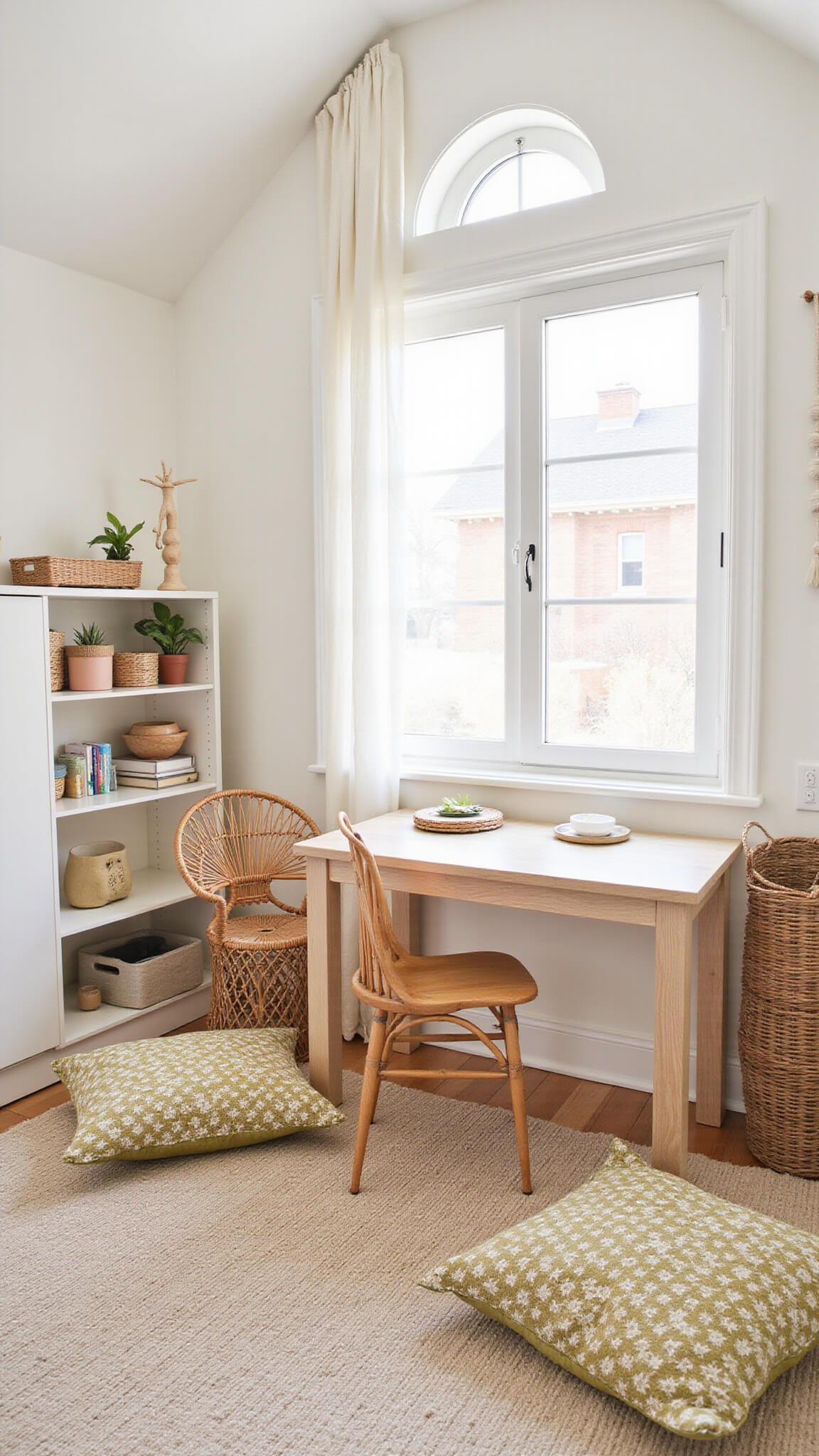 Child-sized activity table with bleached oak finish, toddler rattan peacock chair, Montessori materials on open shelves, handwoven tapestry in soft tones, and terrazzo floor cushions in a sunlit 11x13ft bedroom workspace.