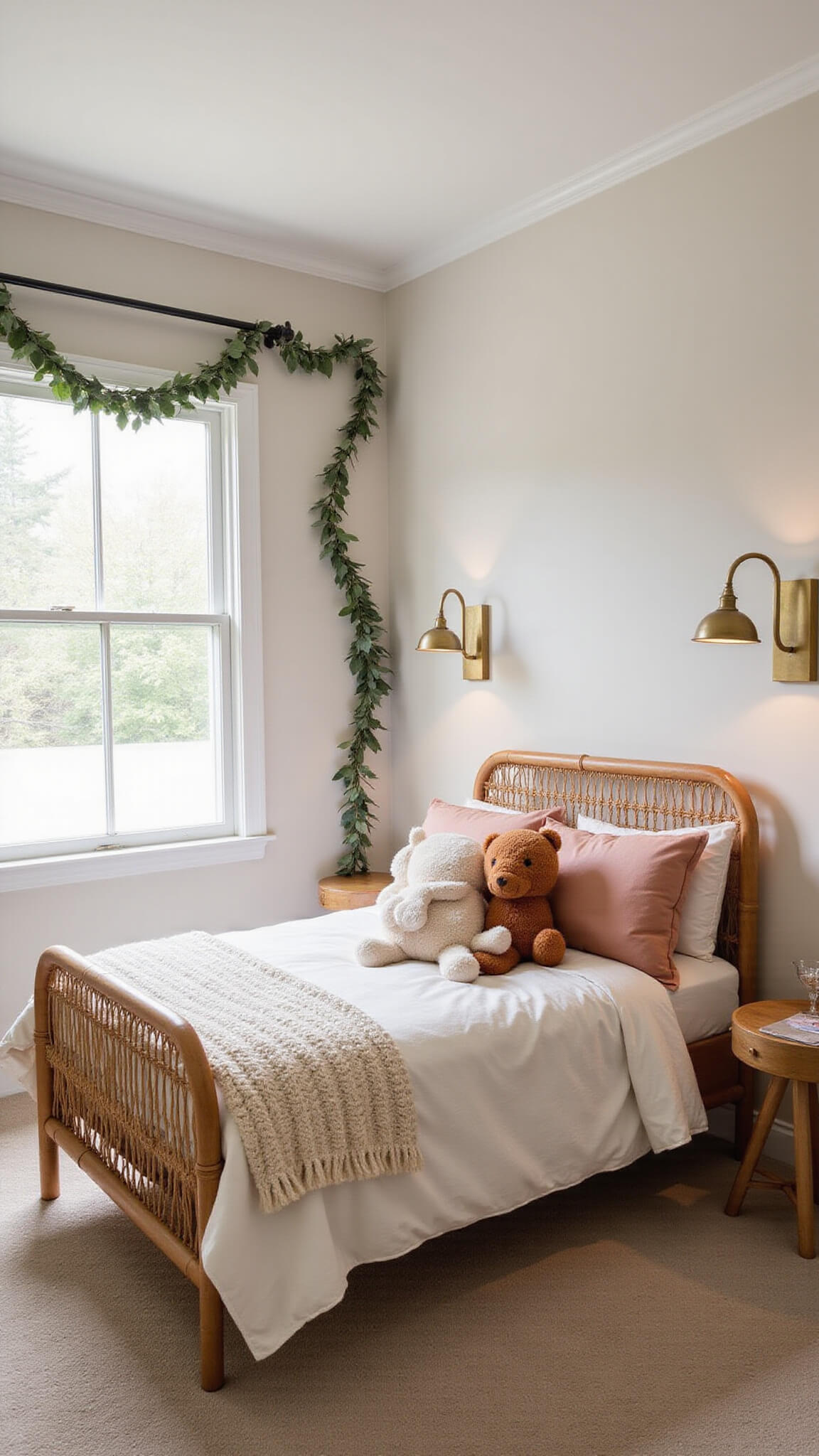 Cozy toddler bedroom at twilight with rattan bed, layered earth-tone linens, oversized natural fiber stuffed animals, warm brass sconces, eucalyptus garland on window, and chunky knit cream throw.