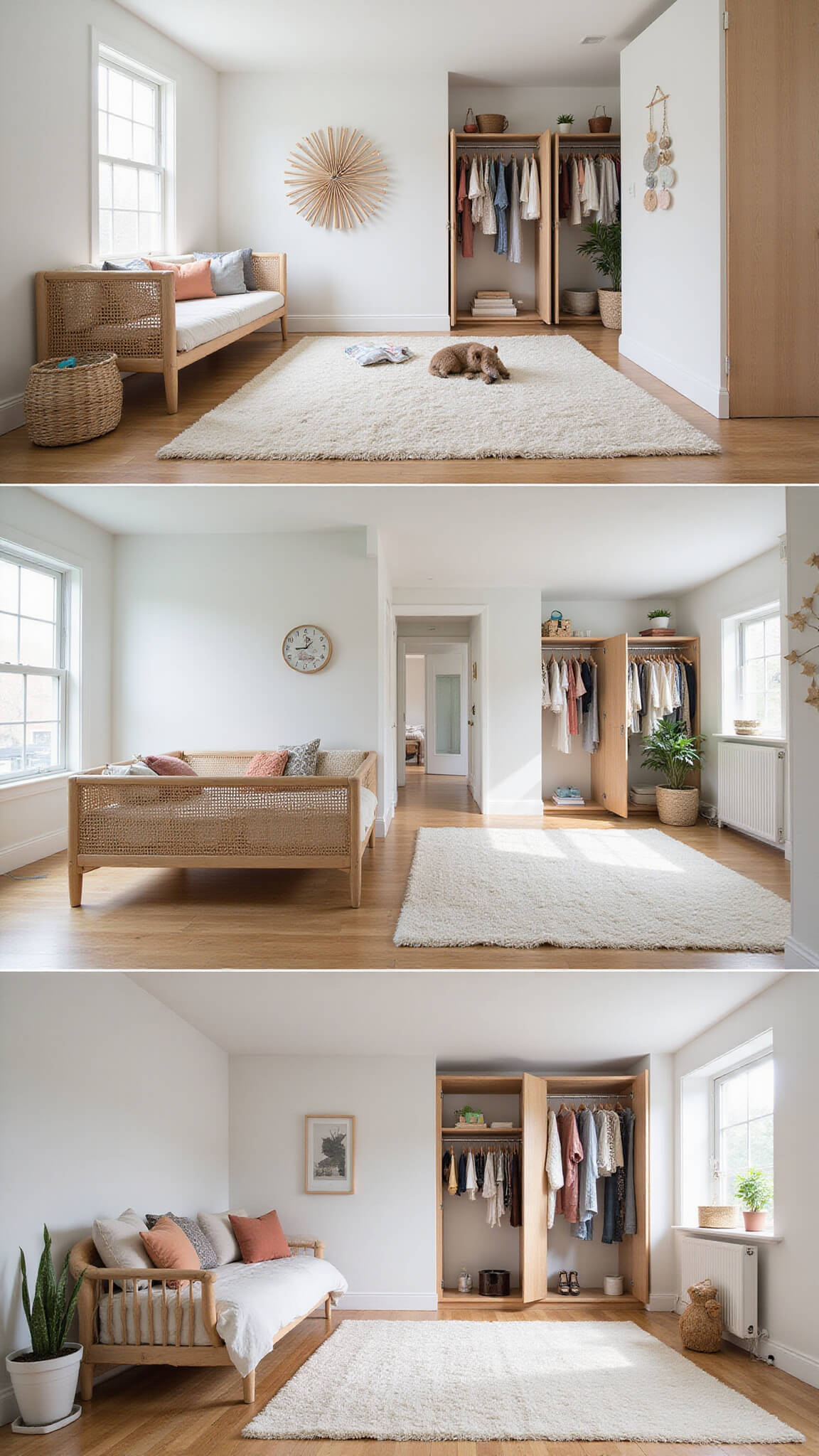 Wide shot of sunlit 15x16ft playroom-bedroom combo with defined sleep, play, and creativity zones, featuring a rattan daybed, open wooden wardrobe, and handmade paper flower mobile.