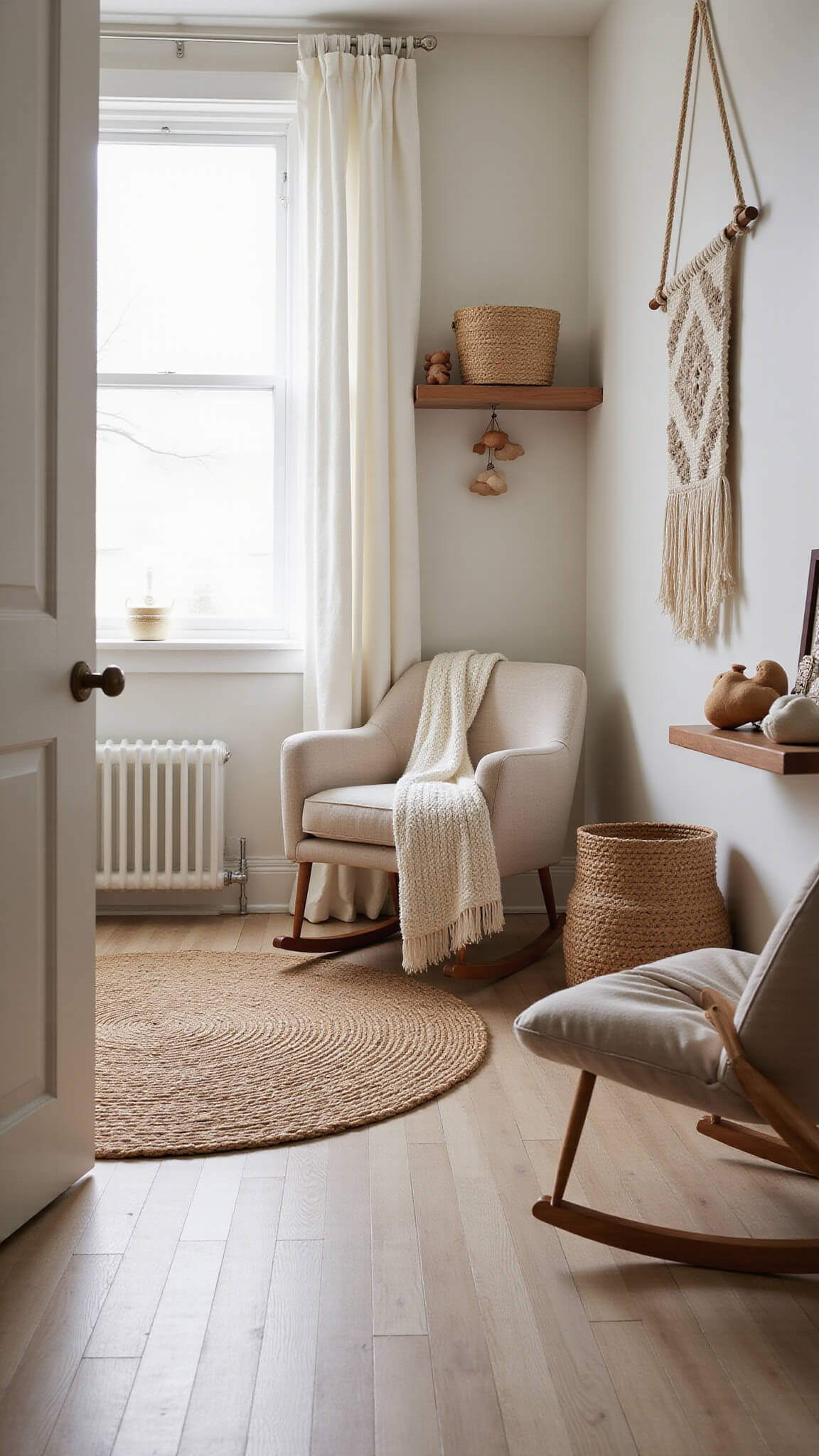Serene nursery with modern cream oval crib, oatmeal rocking chair, jute rug, and macramé wall art lit by soft morning light.