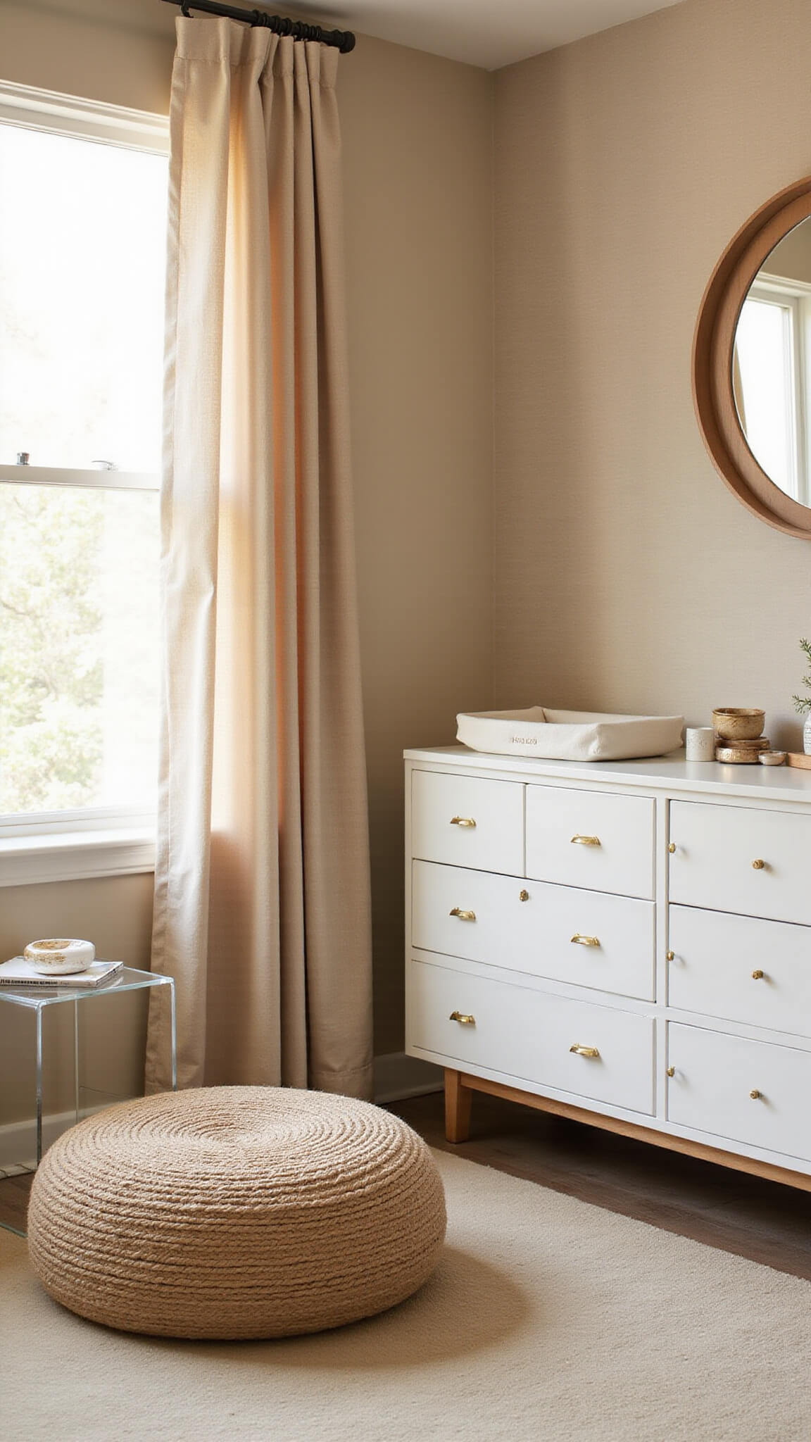 Late afternoon nursery with vaulted ceiling, warm golden light through flax curtains, white dresser with brass hardware, round mirror, sand-toned textured wallpaper, wool pouf, acrylic table, and natural material accents.