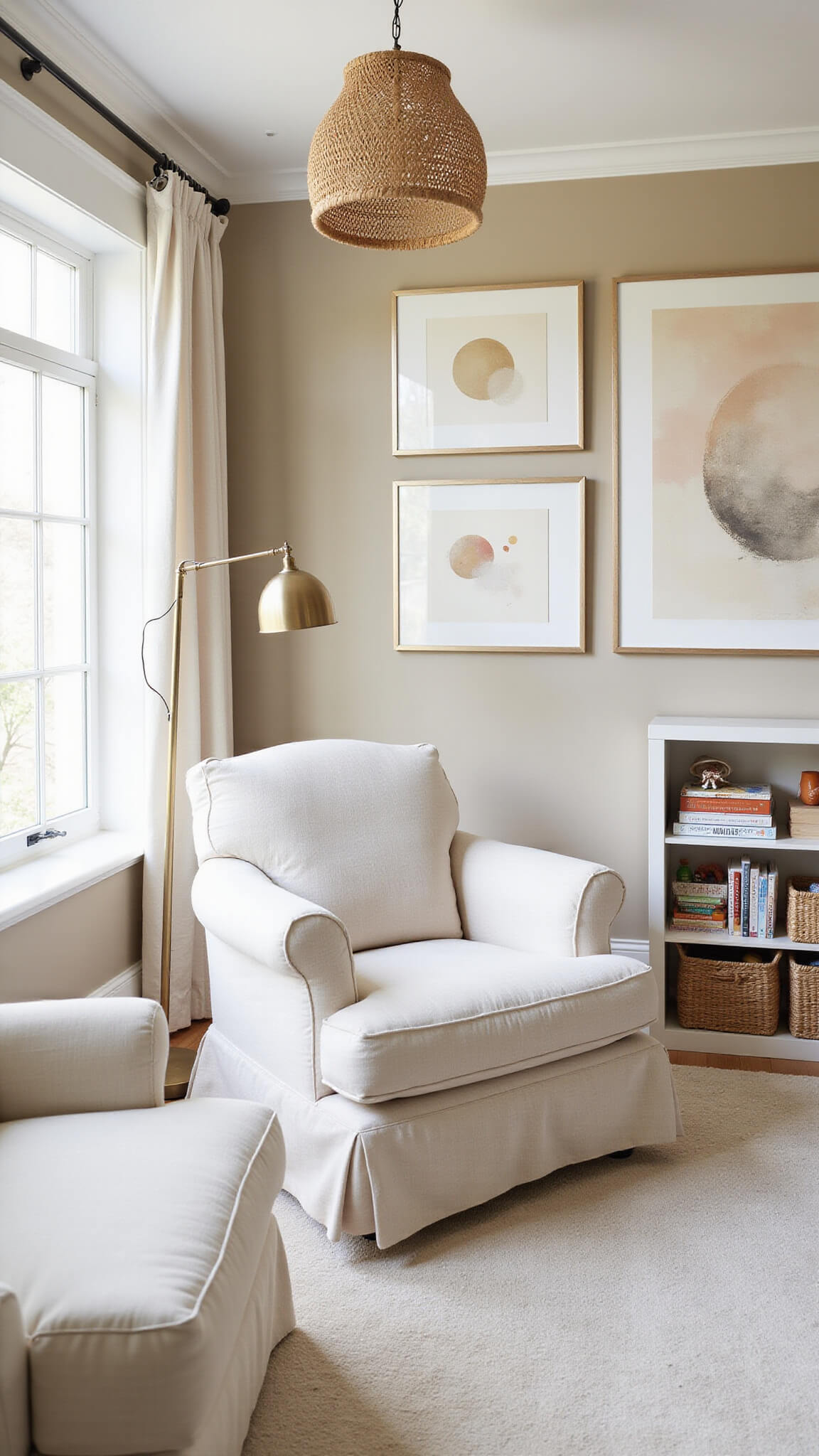 Bright nursery with white furniture, taupe walls, large windows, reading nook, abstract art, woven pendant light, and organized toy storage in seagrass baskets.