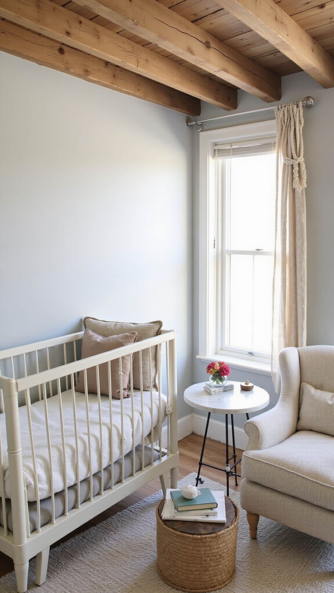 Sunlit 10x10ft nursery with exposed wooden beams, vintage cream iron crib, bouclé nursing chair, and soft neutral decor.