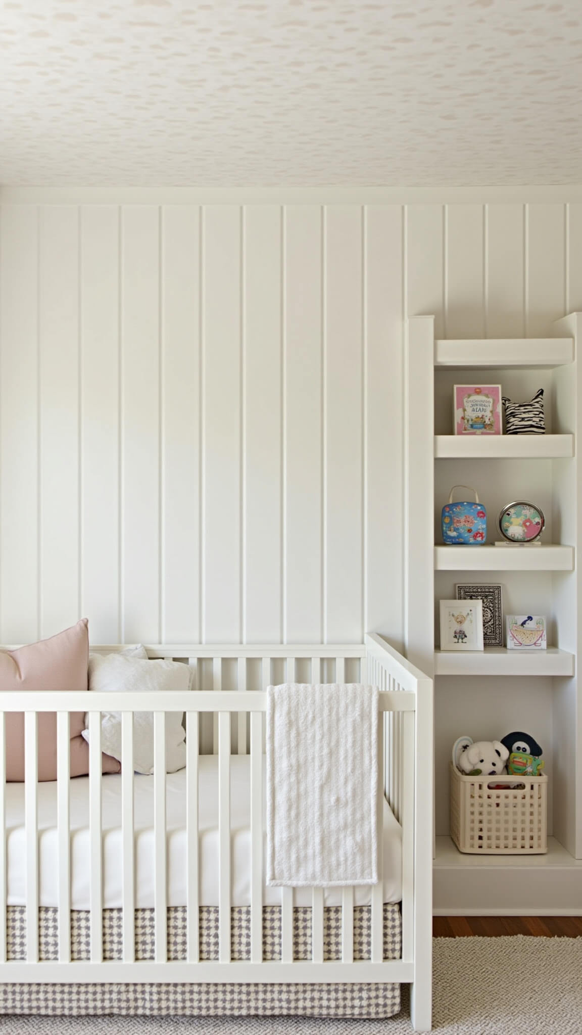 Modern nursery with cloud wallpaper ceiling, white crib against ivory accent wall, geometric rug, floating shelves with monochromatic toys, and soft afternoon lighting.