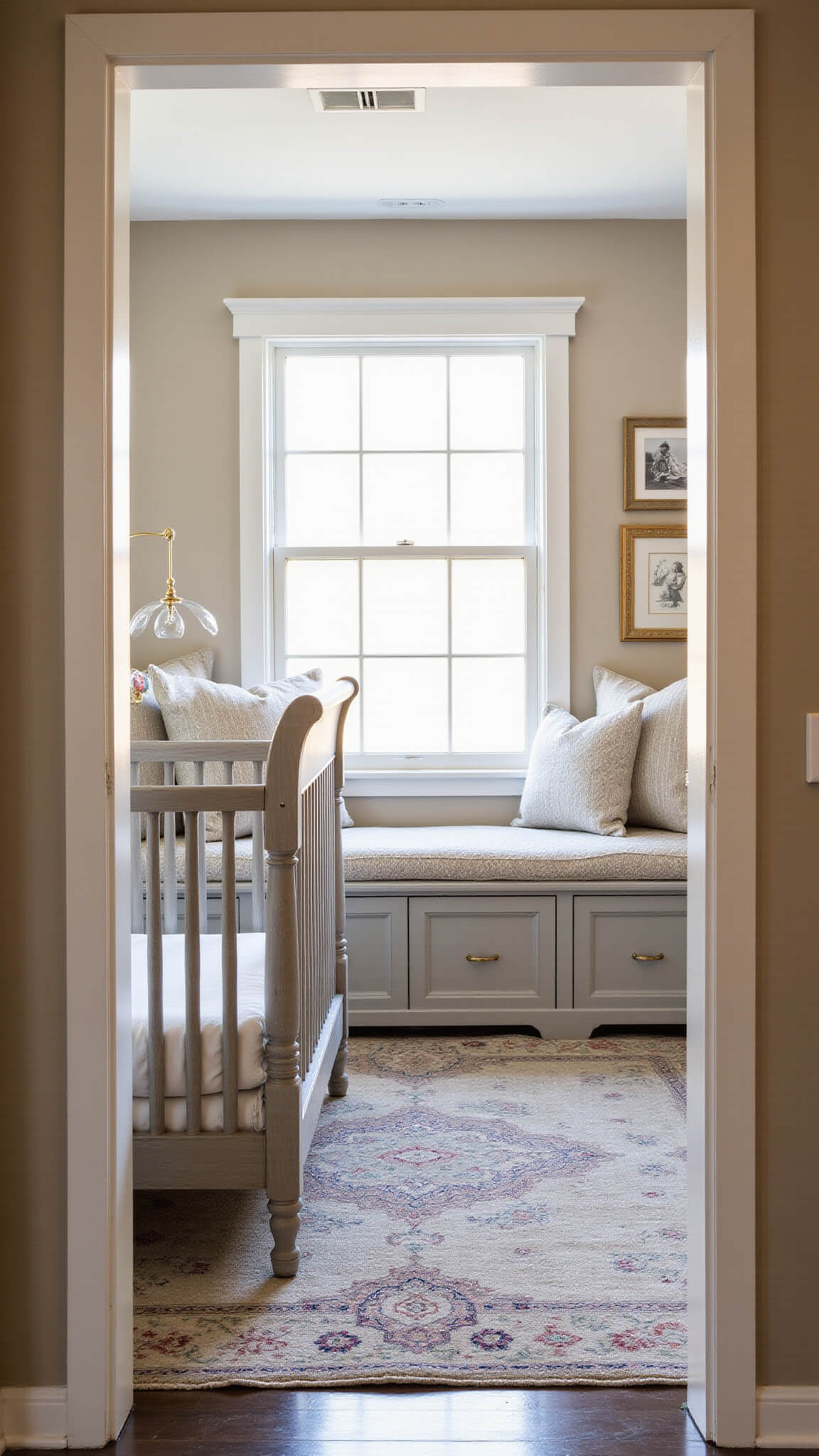 Cozy 11x12ft nursery with soft putty walls, weathered gray spindle crib, acrylic and brass mobile, window seat with cushions, vintage Persian rug, and warm golden hour lighting.