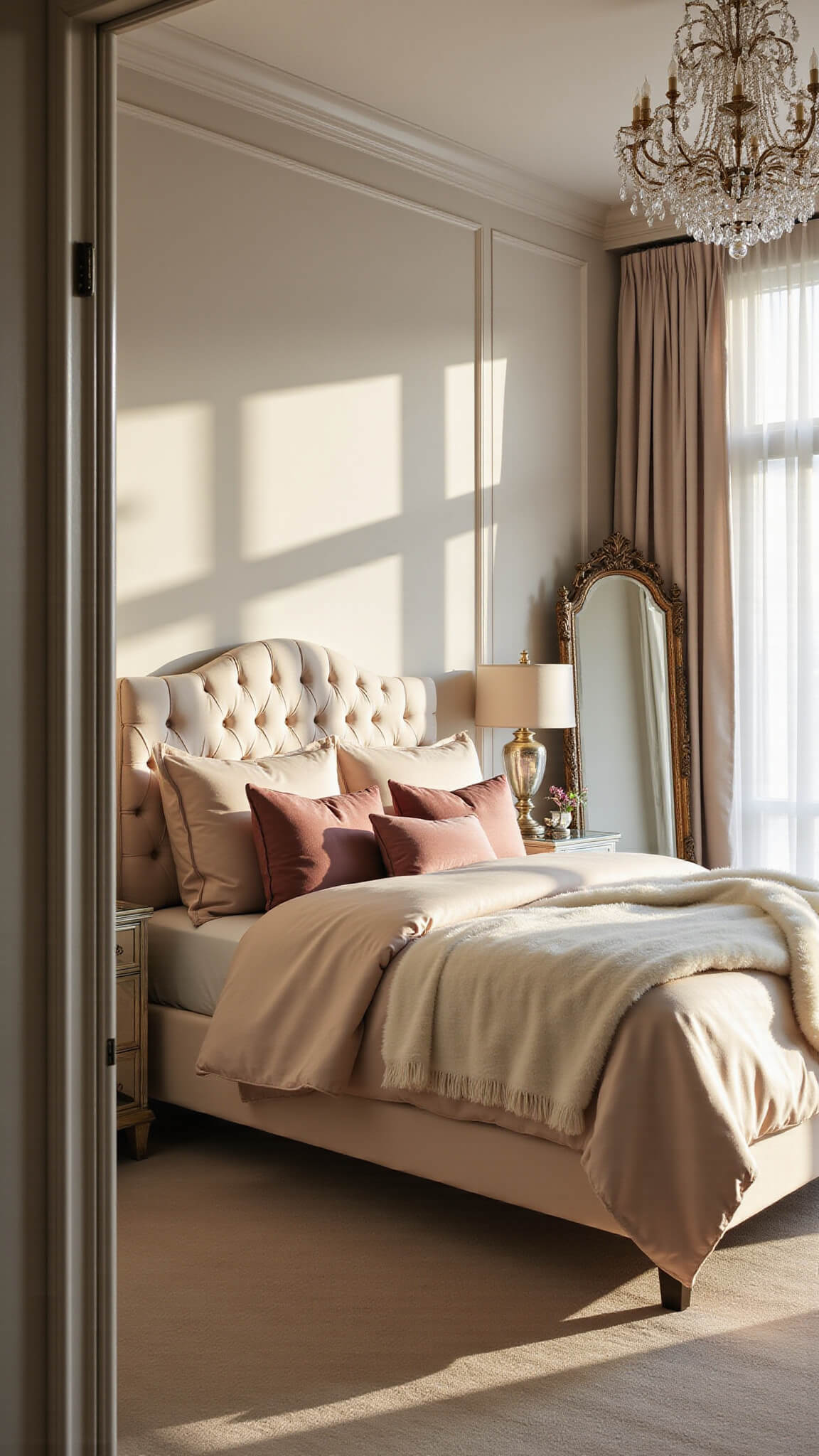 Luxurious master bedroom with champagne bedding, tufted cream headboard, crystal chandelier, and sunlight streaming through floor-to-ceiling windows.