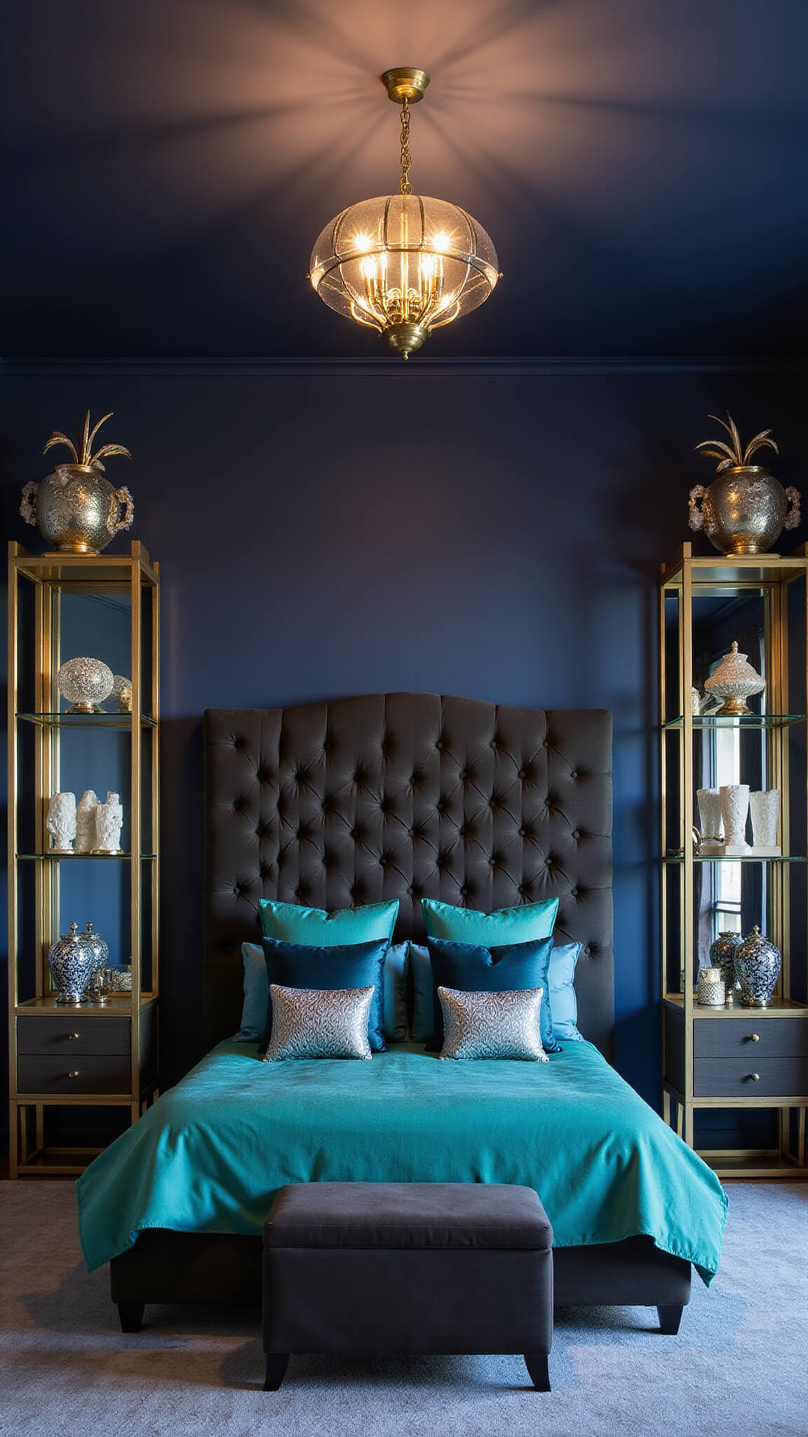 Hollywood Regency bedroom with navy grasscloth walls, charcoal velvet headboard, jewel-toned bedding, brass chandelier, and symmetrical metallic décor at dusk.