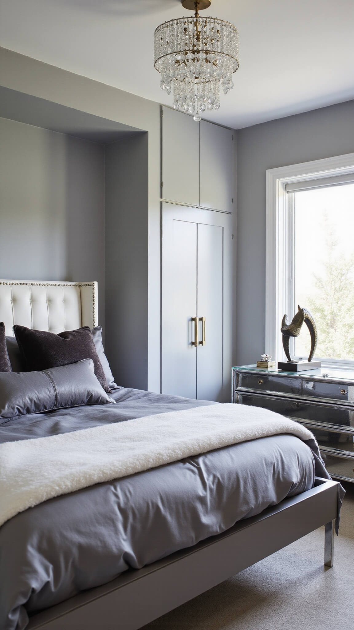 Modern glam bedroom with gray geometric paneling, chrome platform bed, textured gray bedding, mirrored dresser, and crystal pendant light in morning light.
