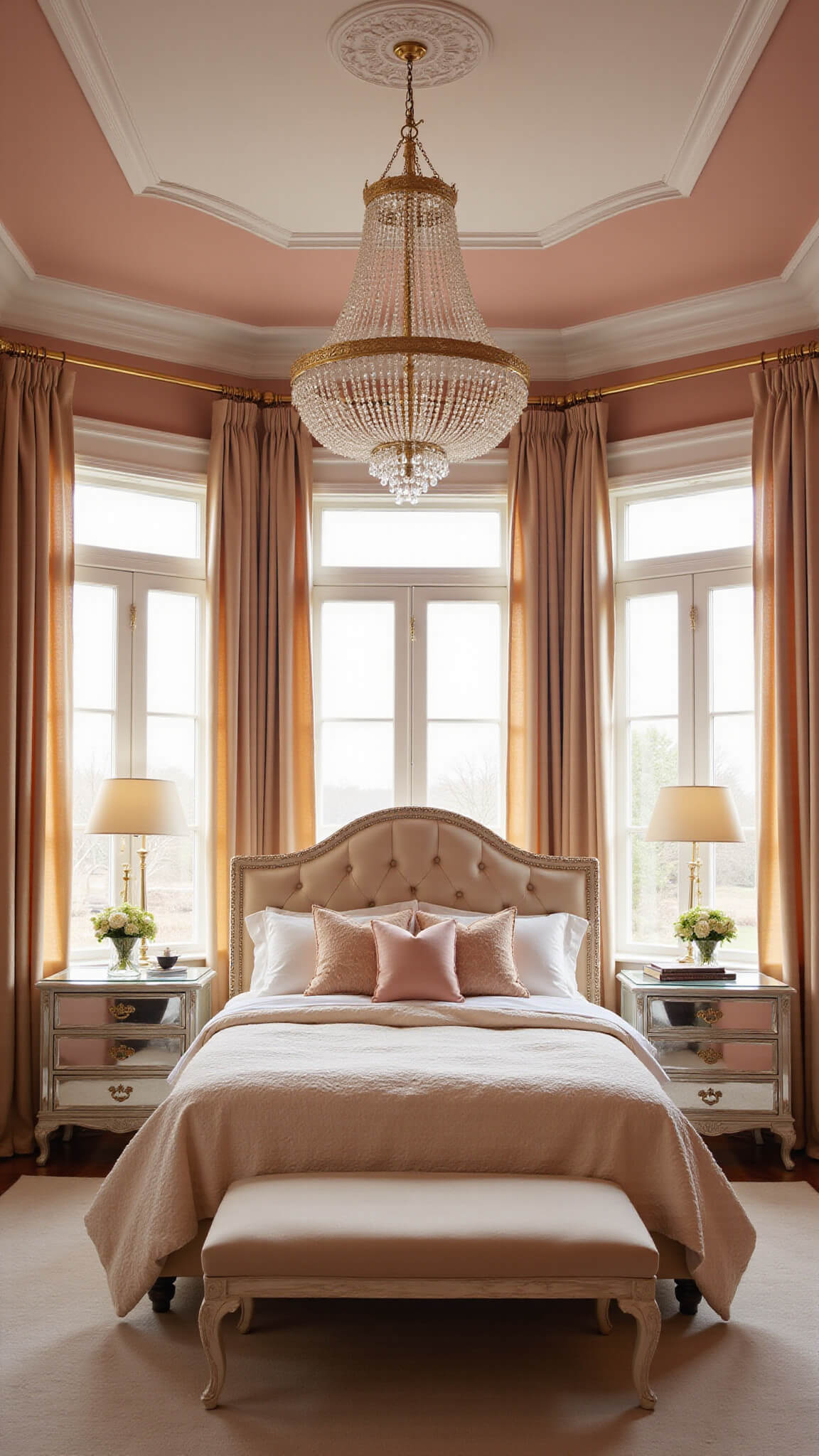 Blush pink sanctuary bedroom with tufted pearl headboard, layered ivory and rose gold bedding, crystal chandelier, mirrored furniture, and silk-draped French doors at sunset.