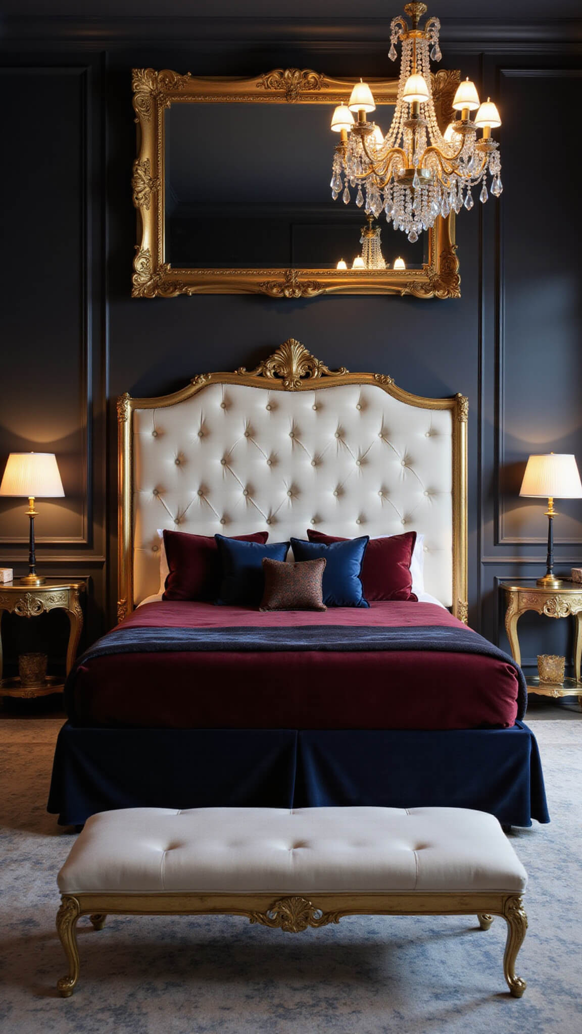 Luxurious master suite with dark charcoal walls, jewel-toned velvet bedding, gilded mirror, crystal and brass lighting, and antique gold furniture at twilight.