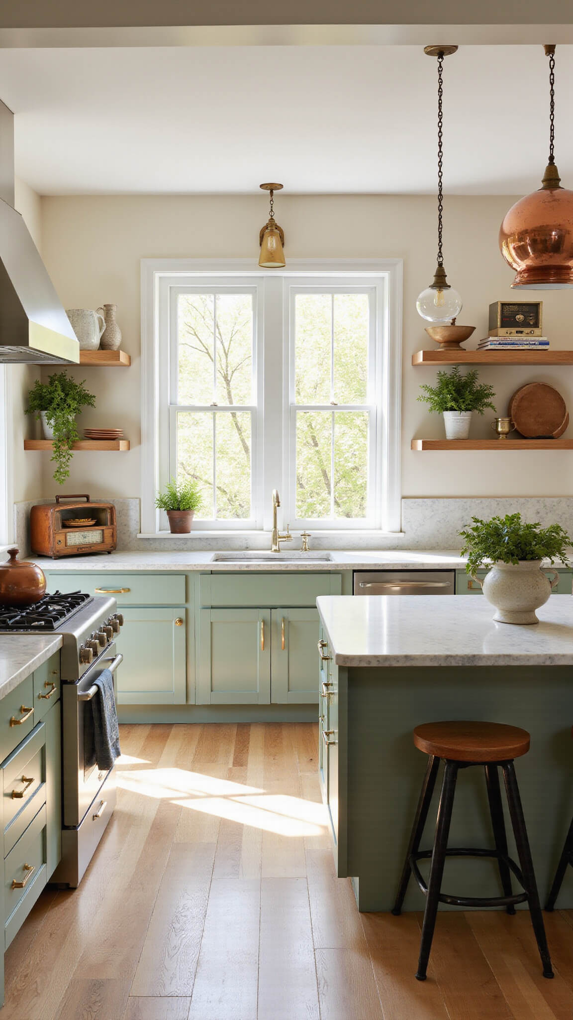 Vintage modern kitchen with sage green cabinets, marble island, brass accents, and morning light streaming through floor-to-ceiling windows.