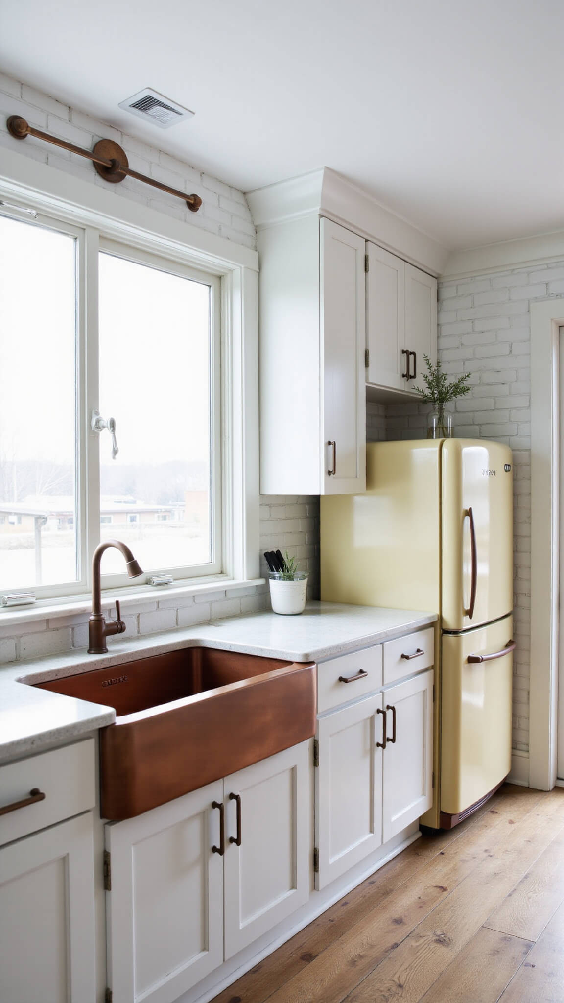 Modern 12x18ft kitchen with white cabinetry, copper farmhouse sink, cream SMEG fridge, quartz countertops, and vintage accents under natural light.