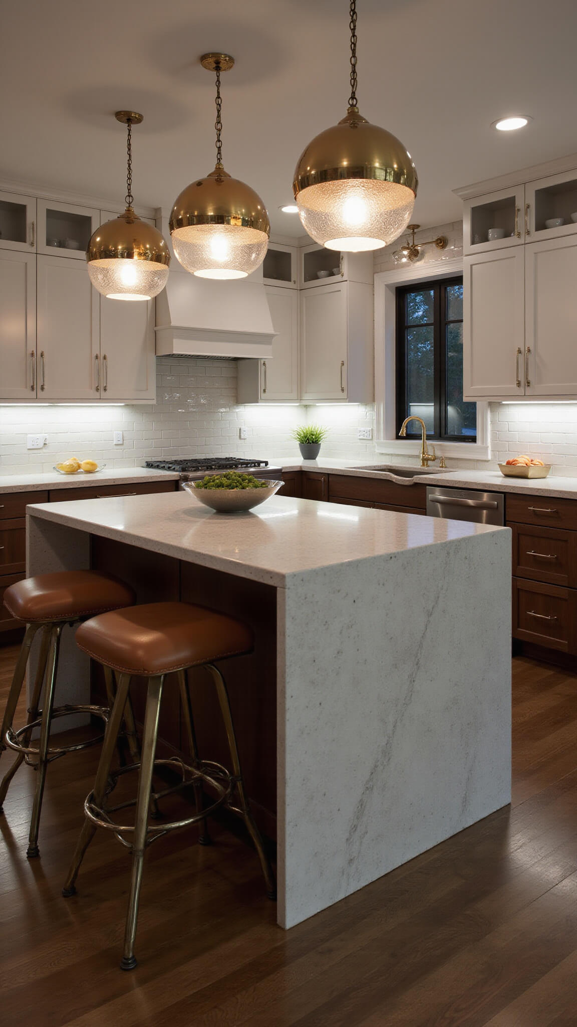 Dusk-lit kitchen with layered lighting, vintage globe pendants over waterfall island, atomic sconces on subway tile, under-cabinet LEDs on quartzite countertops, and moody shadows highlighting warm whites, aged brass, and rich woods.