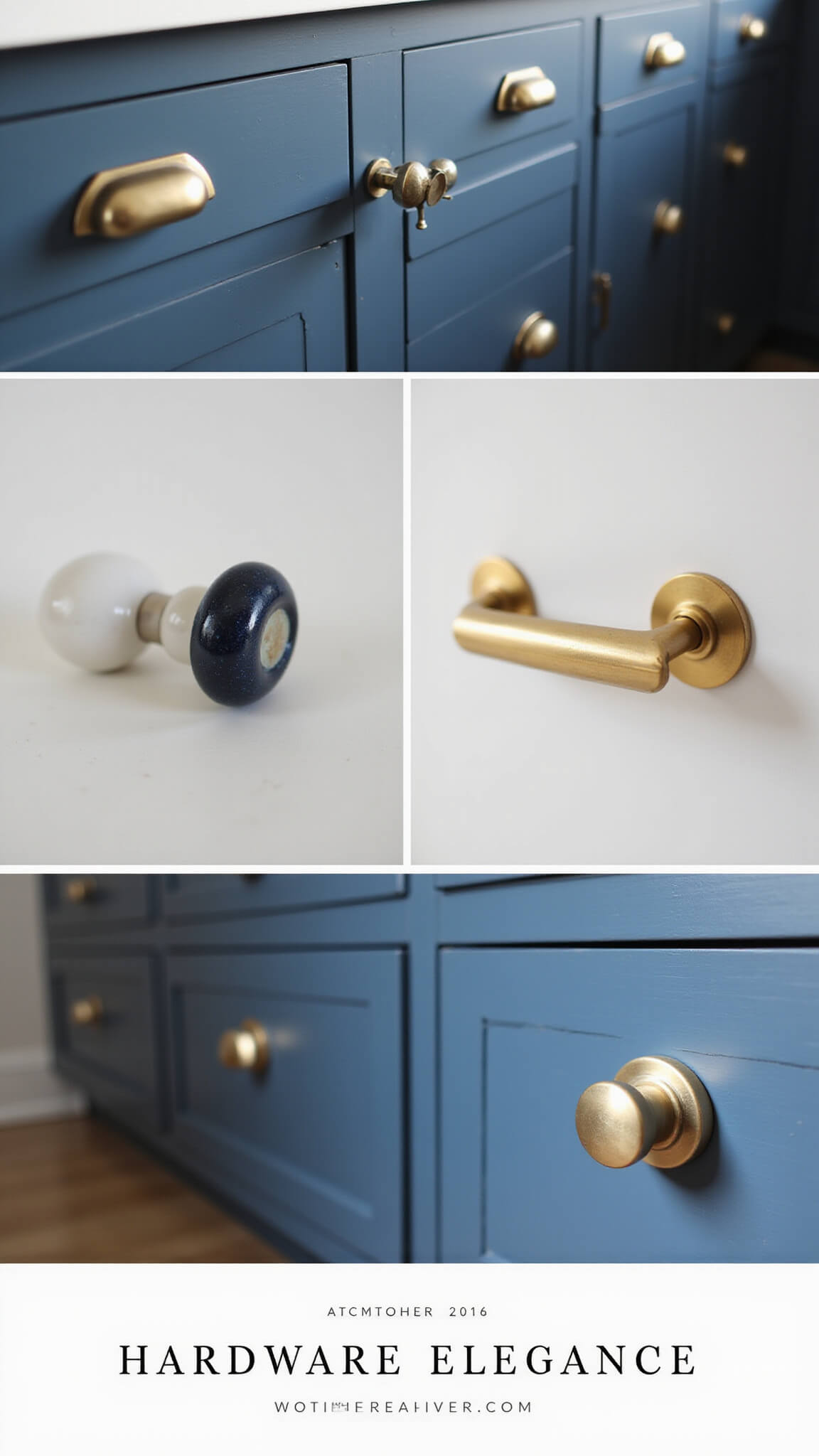 Macro shot of handpainted ceramic knob on navy cabinet door with vintage brass pull, highlighting craftsmanship in soft afternoon light.