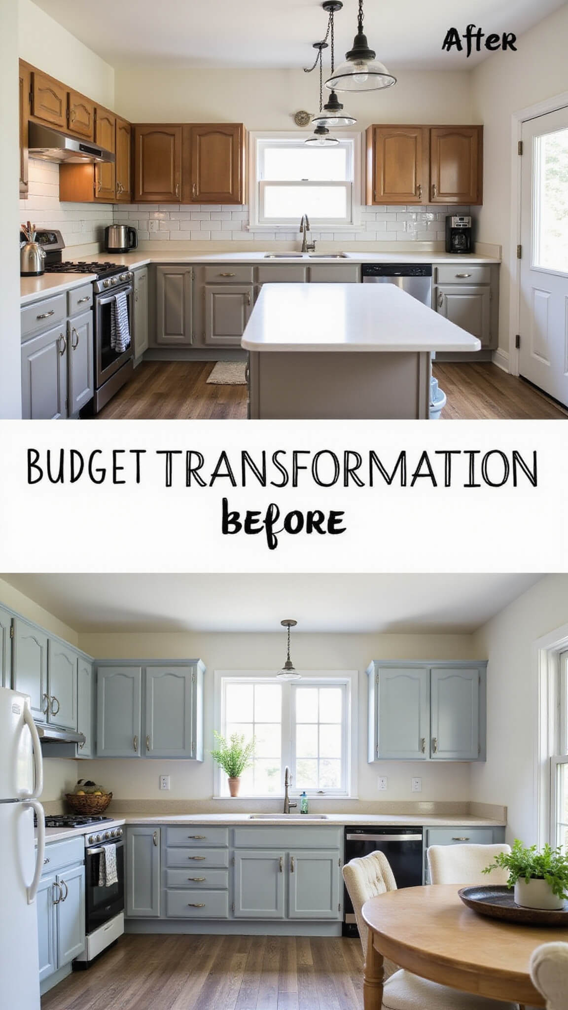 Before and after split image of 10x12ft kitchen renovation with refinished dove grey cabinets, modern hardware, vintage light fixtures, quartz counters, and thrifted accessories in a grey, white, and black palette.