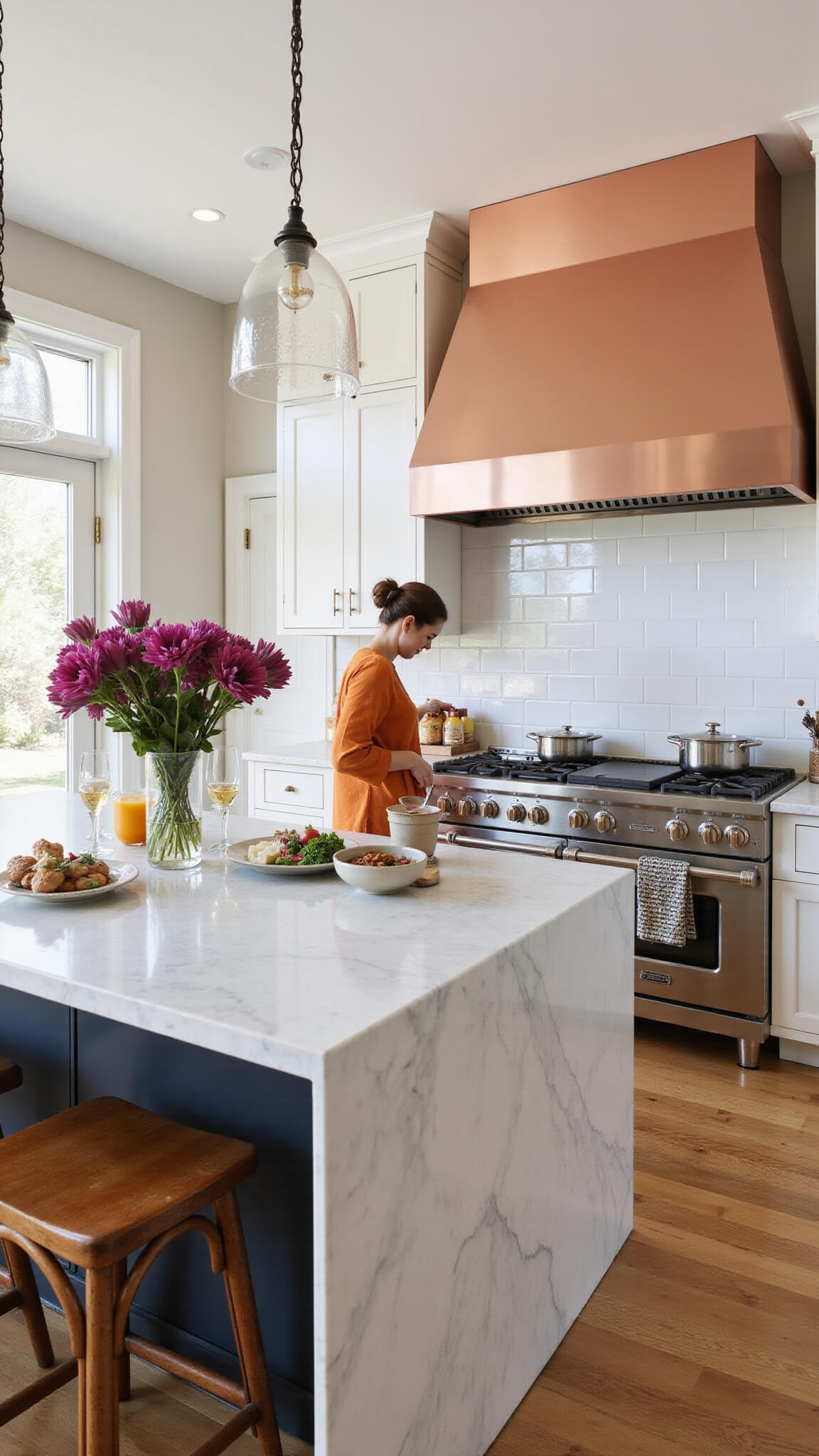 Evening kitchen scene with marble island, vintage stools, and copper range hood; people casually cooking and socializing under warm lighting in a luxurious yet lived-in space.
