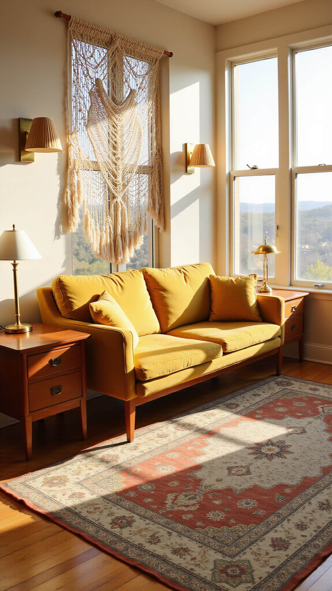 Sunlit mid-century living room with 1960s teak sofa, mustard velvet cushions, layered Persian rugs, and brass lighting accents during golden hour.