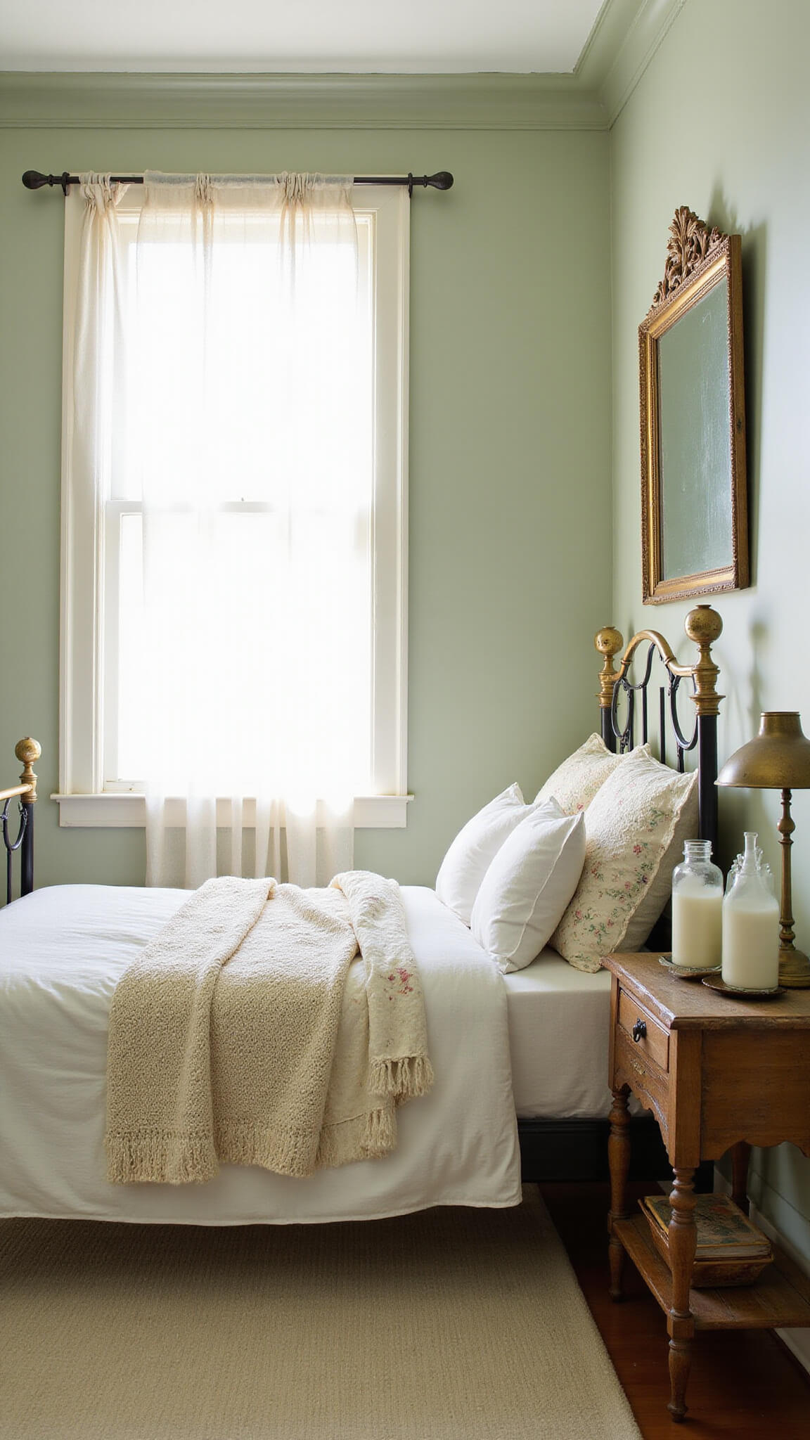 Cozy Victorian-style bedroom corner at dawn with brass bed, vintage linens, weathered nightstand, and soft light through sheer curtains.