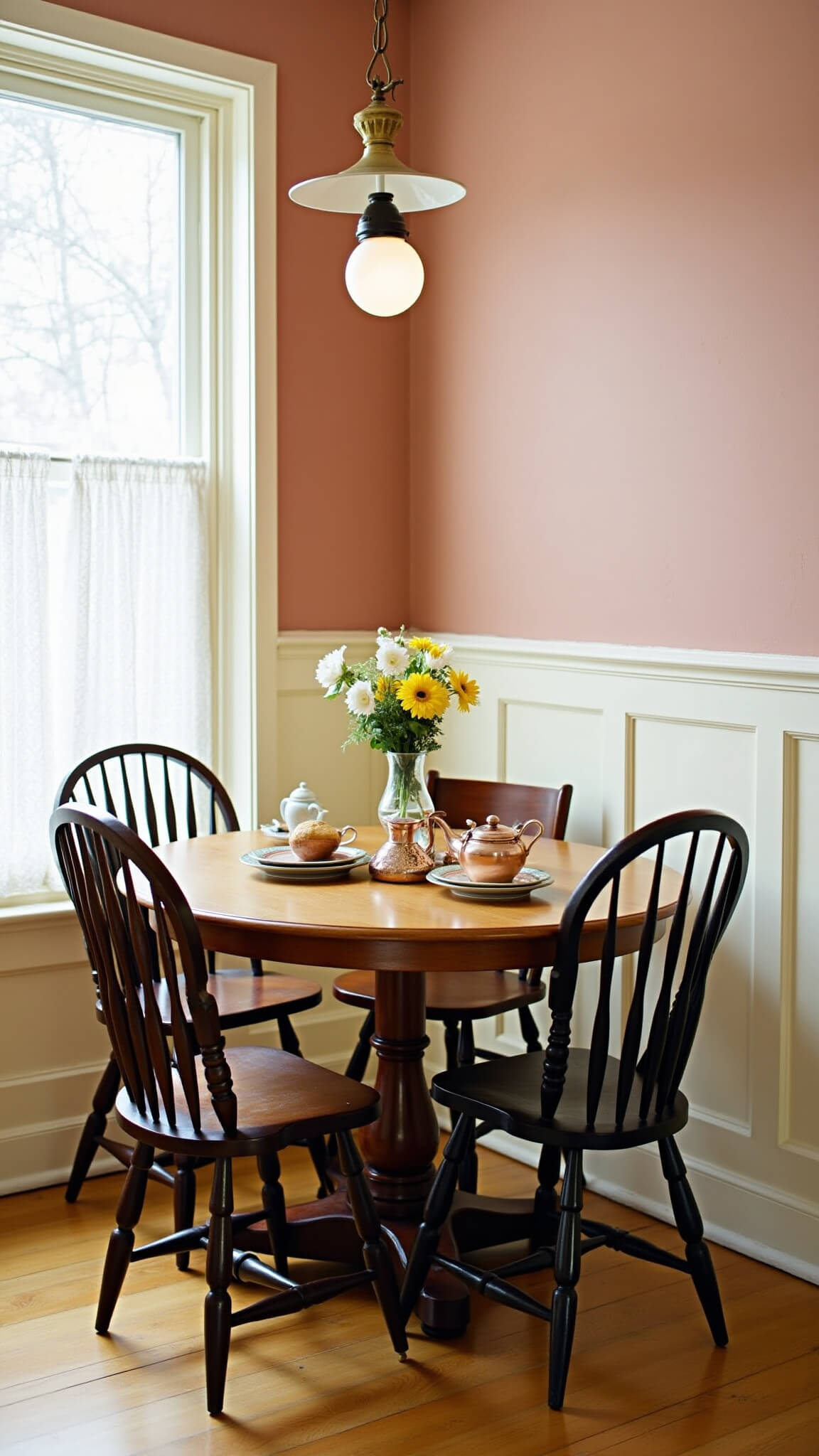 Top-down view of a cozy 6x8ft vintage dining nook with a round oak pedestal table, mismatched wooden chairs, antique brass pendant light, and styled table featuring vintage china, copper tea set, and fresh flowers.