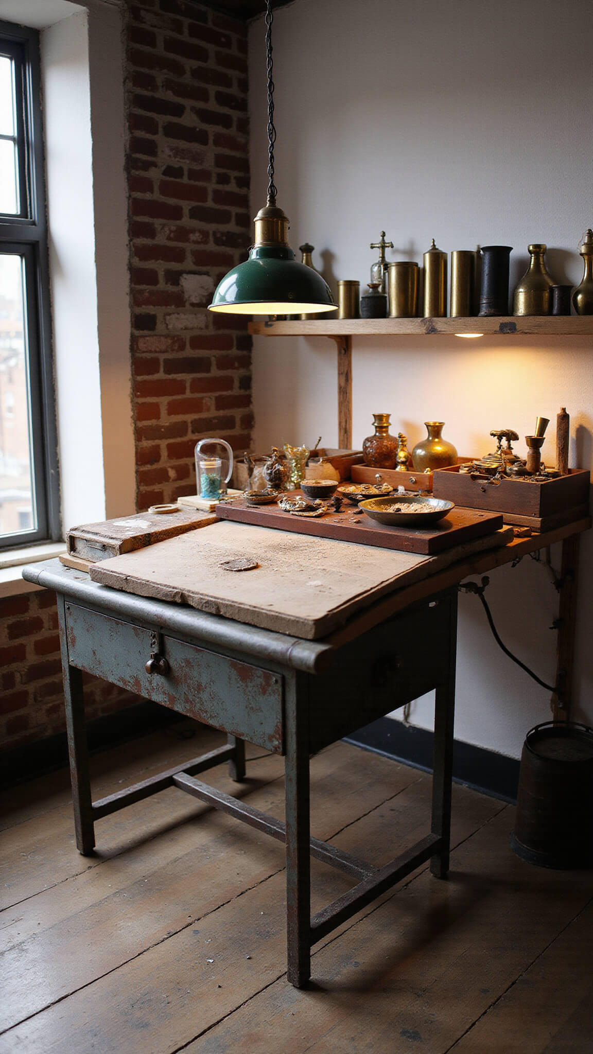 Artist’s cozy 10x12ft studio at dusk with vintage drafting table under green pendant light, organized antique art supplies, white painted brick wall, and paint-splattered wooden floors.