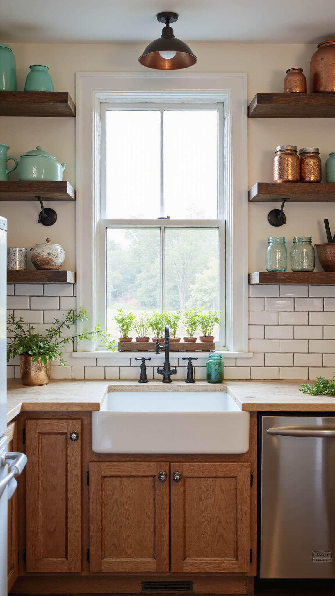 Early morning kitchen vignette featuring open reclaimed wood shelves with jadeite dishes, copper cookware, and mason jars, 1940s porcelain farmhouse sink below window with herbs, aged subway tiles, butcher block counters, and soft natural and vintage-style lighting.