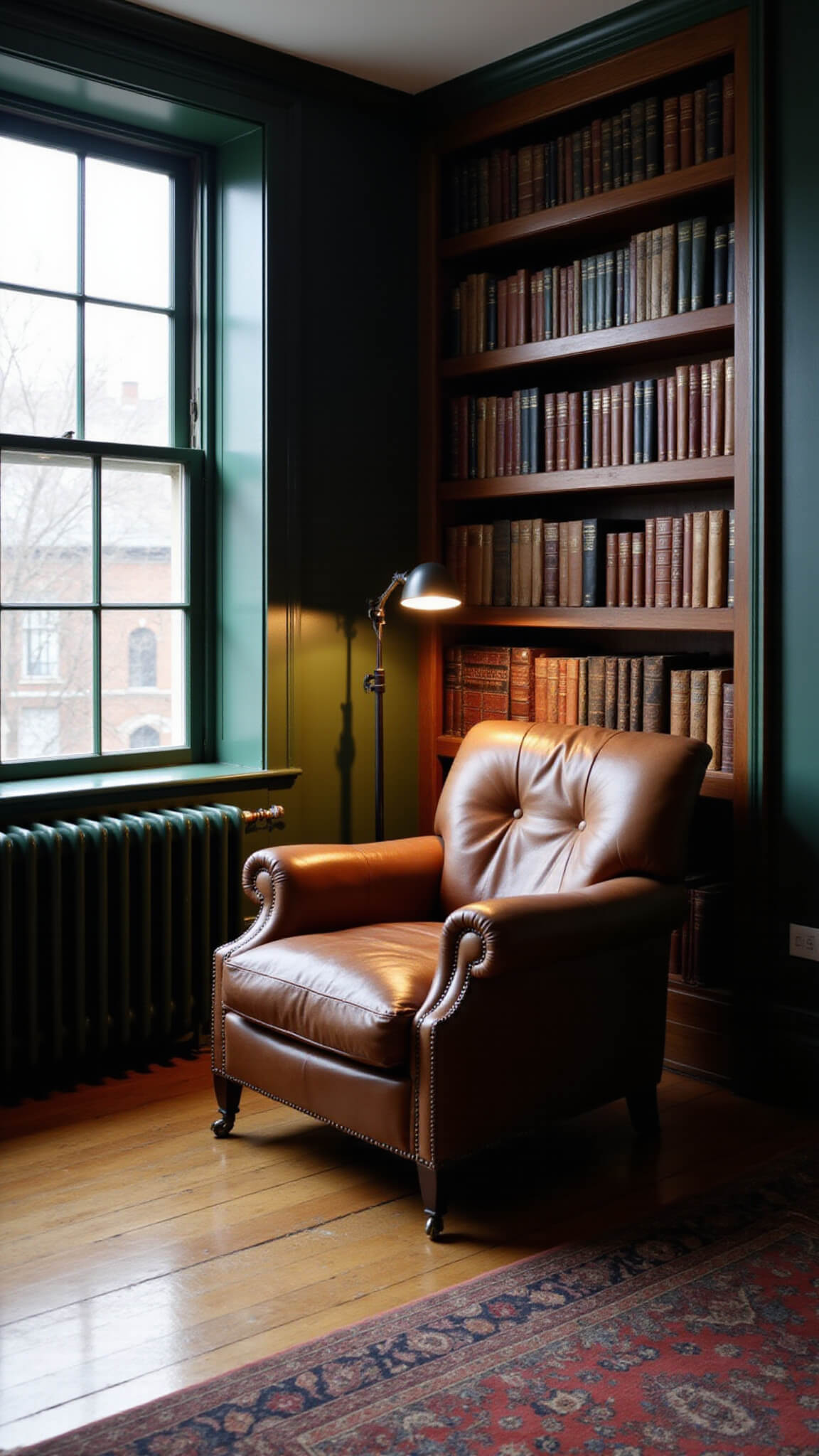 Cozy reading nook with vintage leather armchair by window, radiator, industrial lamp, tall bookshelf of leather-bound books, dark green walls, and oak floors with wool rug on a rainy afternoon.