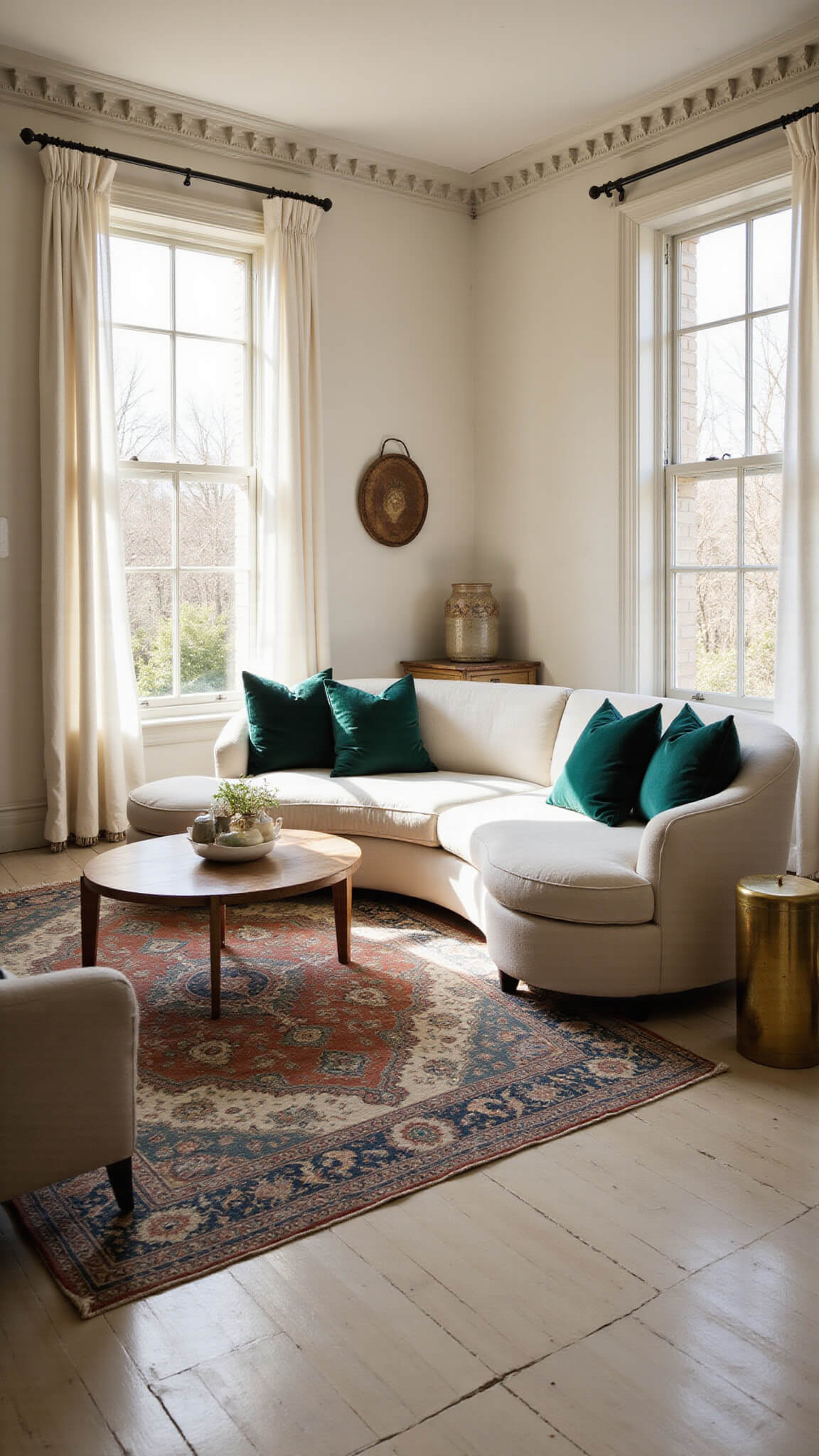 Sunlit living room with ivory curved sofa, vintage Persian rug, and brass-accented decor, bathed in golden hour light through large west-facing windows.