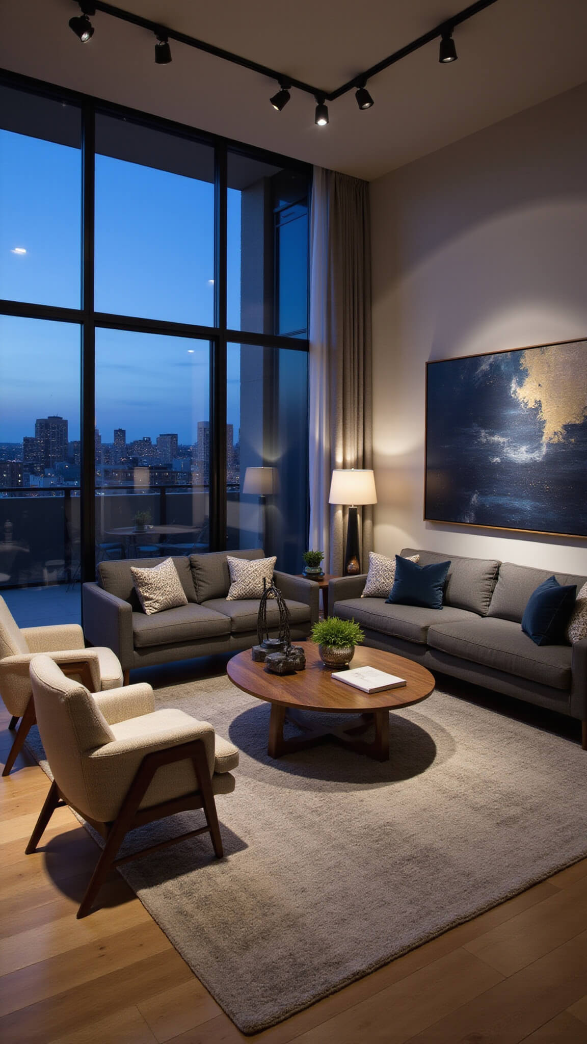 Dramatic dusk interior of a modern 22x30ft open-concept space with city views, charcoal bouclé sectional, walnut accent chairs, layered rugs, abstract navy and gold art, and warm ambient lighting.
