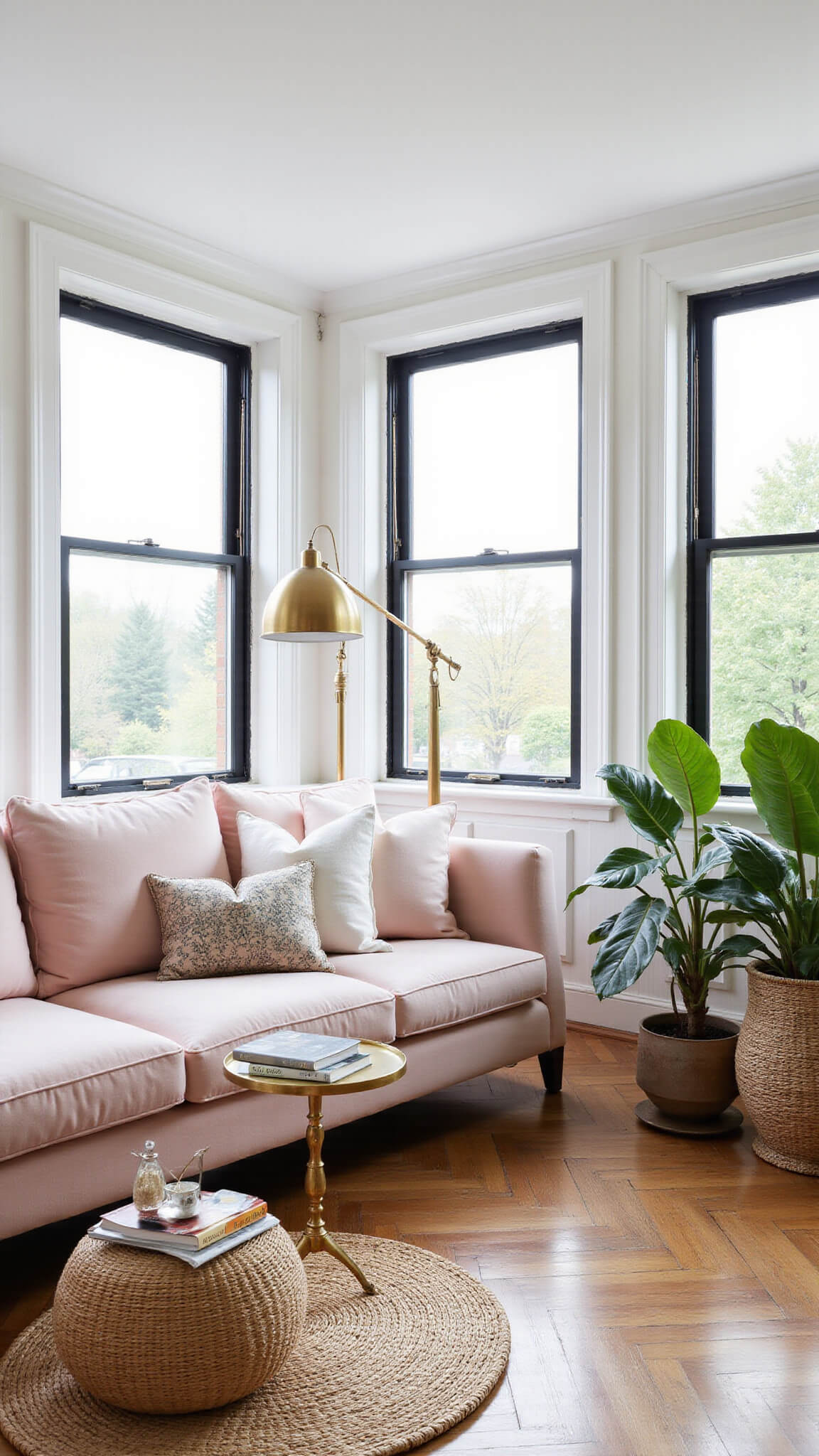 Bright mid-morning living room with pale pink velvet sofa, Victorian bay windows, herringbone floors, antique brass lamps, black-framed mirrors, and potted fiddle leaf figs.