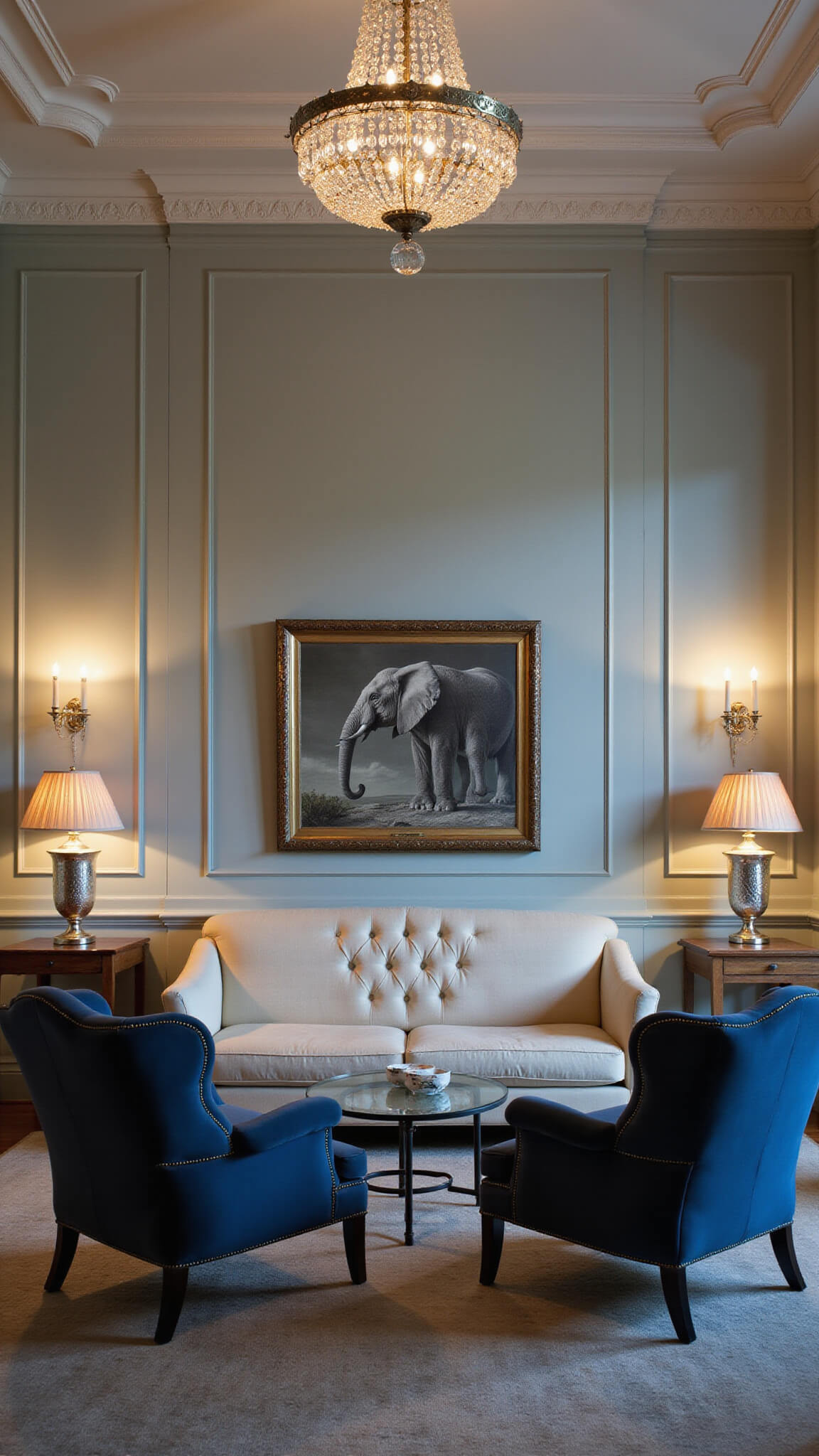 Elegant formal living room with coffered ceilings, warm wall sconces, and crystal chandelier; cream tufted settee faces steel blue wingback chairs against Elephant's Breath-painted walls, accented by antique silver and mercury glass decor.