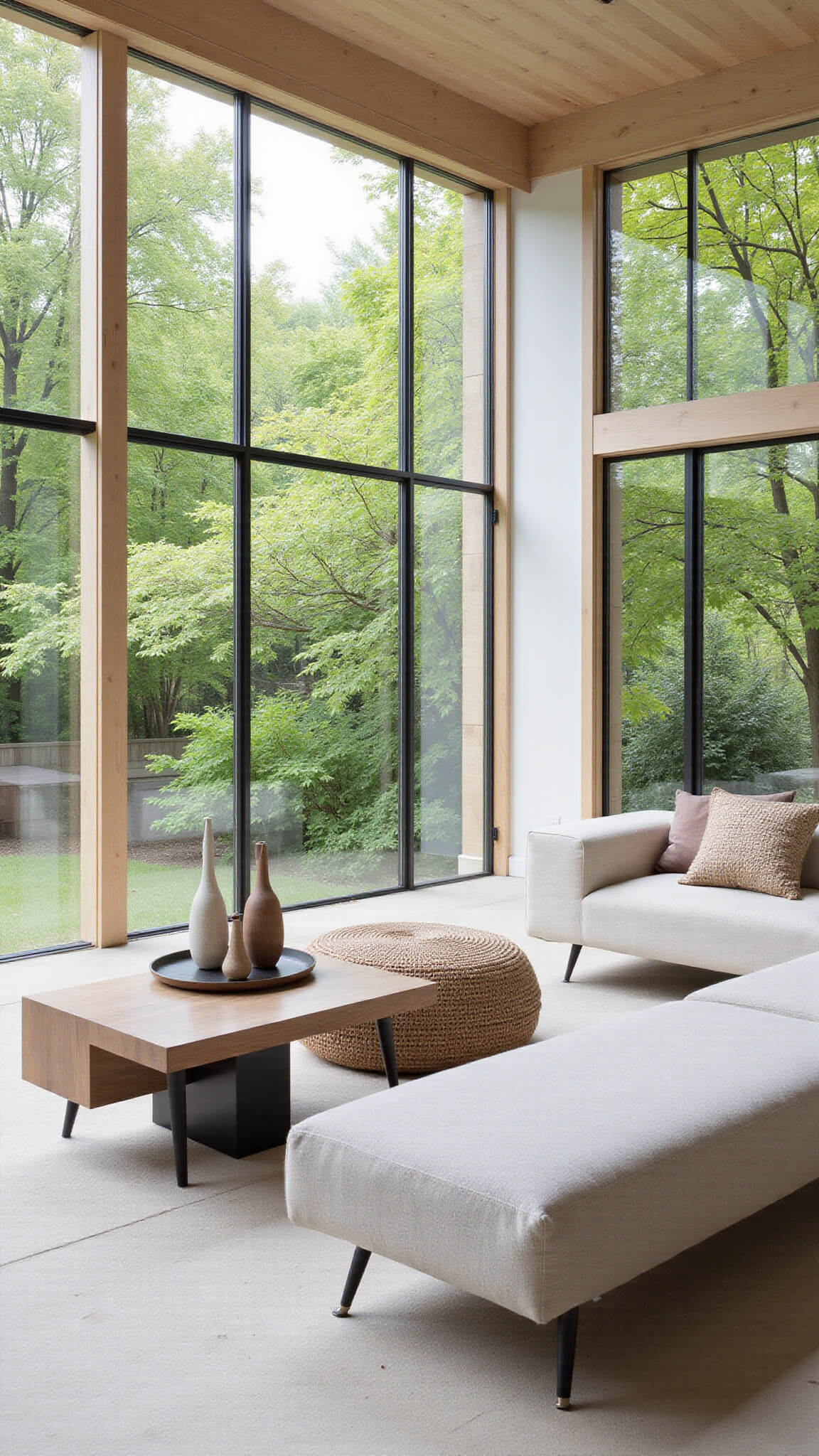 Minimalist 18x24ft room with floor-to-ceiling windows overlooking Japanese maple garden, featuring low-profile linen and oak furniture, black metal accents, and organic textured decor in neutral tones.