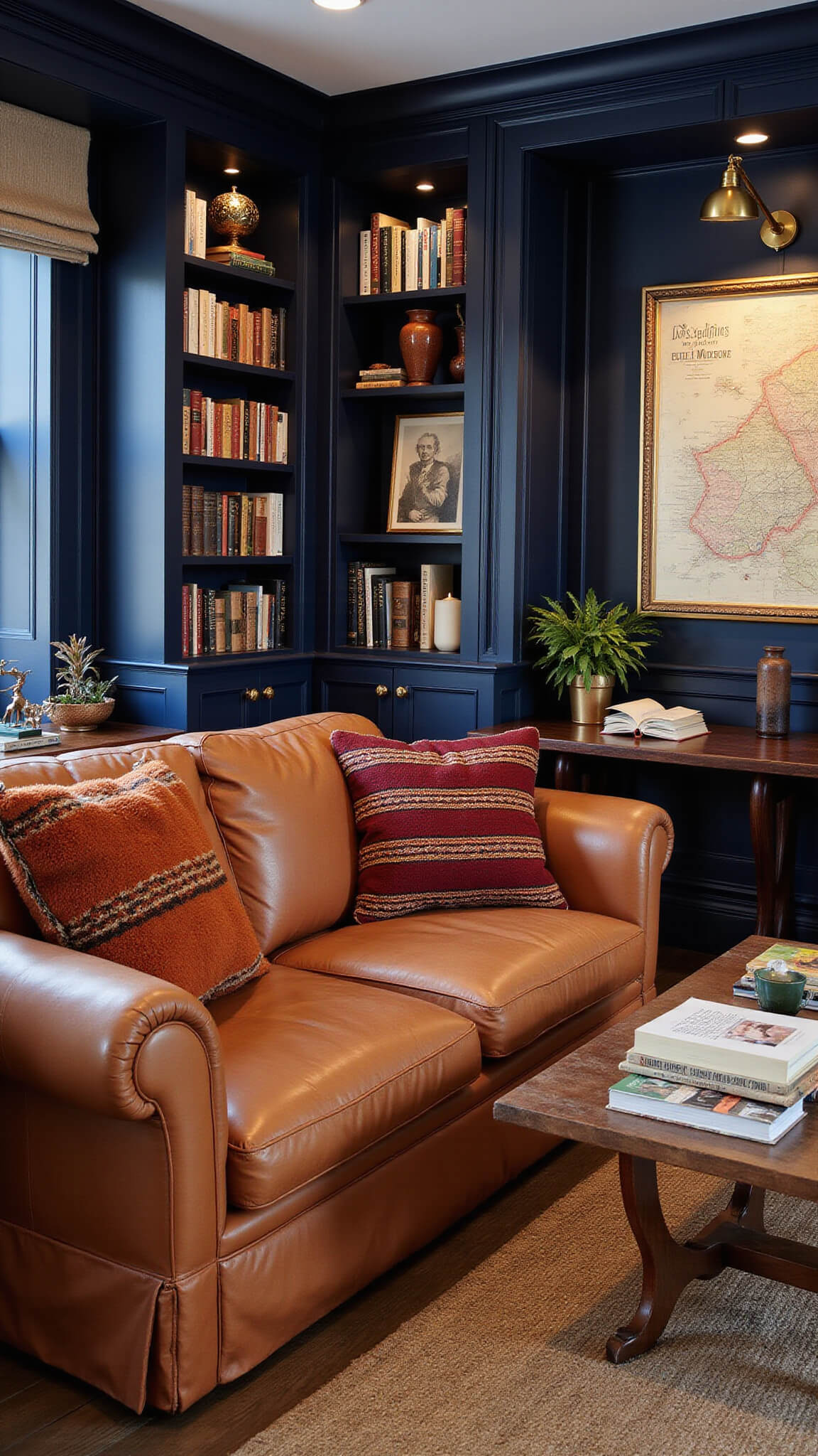 Cozy twilight living room with dark navy paneled walls, brass library lights on built-in bookcases, a cognac leather English roll-arm sofa, vintage kilim pillows, wool throws, and an antique map adorning the wall.
