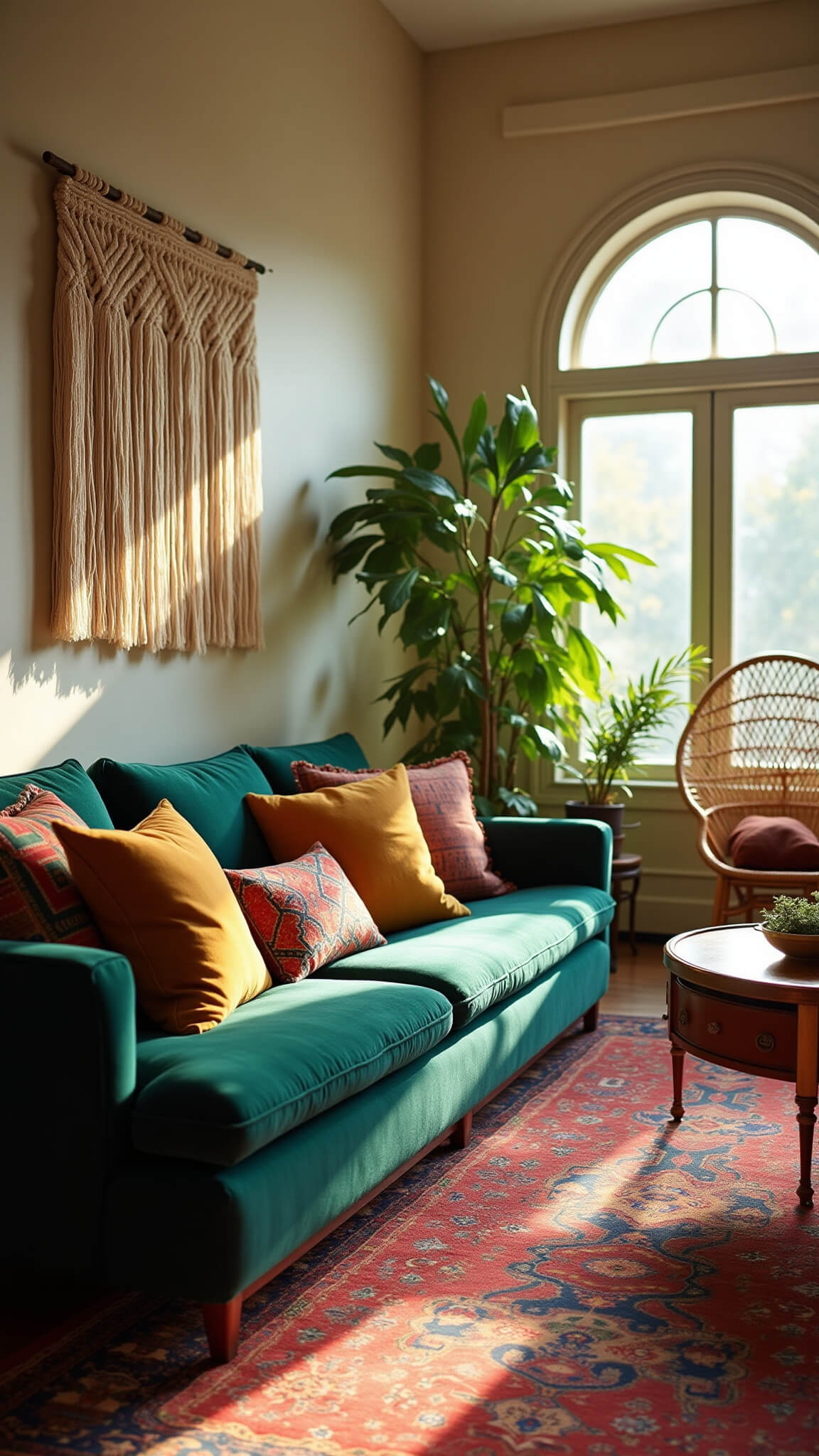 Bohemian-style sunlit living room with emerald velvet sofa, vintage Persian rug, Moroccan poufs, brass coffee table, and trailing plants under arched windows.