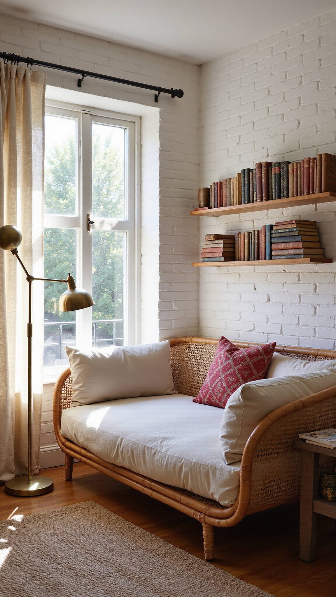 Cozy 15x18ft reading nook with rattan daybed, vintage pillows, brass floor lamps, floating shelves of leather-bound books, and patterned curtains casting soft morning light.