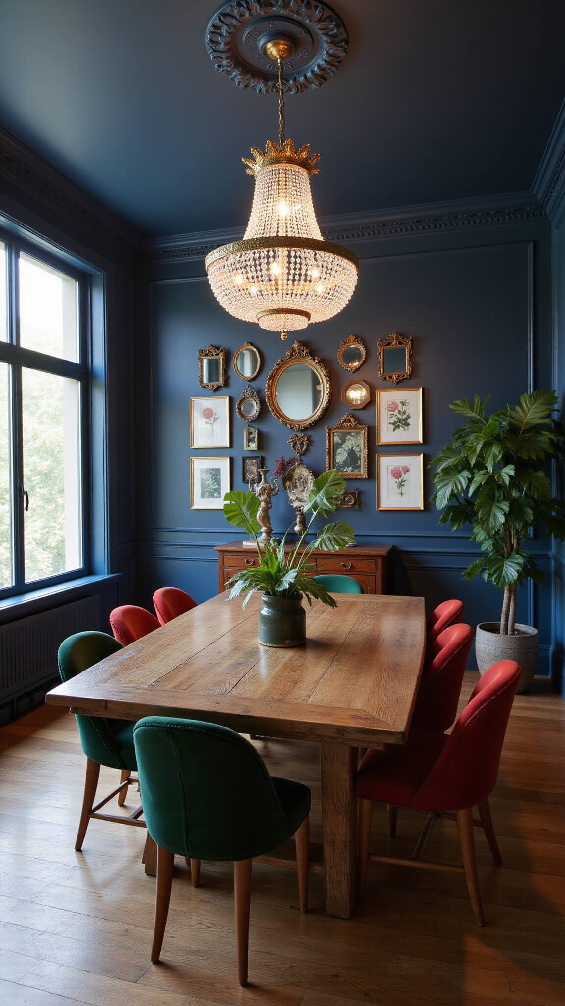 Maximalist dining room with indigo walls, vintage mirrors, jewel-tone velvet chairs, reclaimed wood table, crystal chandelier, and lush potted plants at dusk.