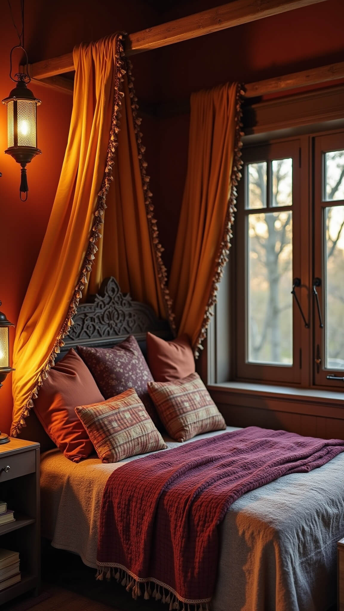 Cozy bedroom corner with layered textiles, carved wooden headboard, vintage silk sari canopy, and warm sunset lighting with brass lanterns.