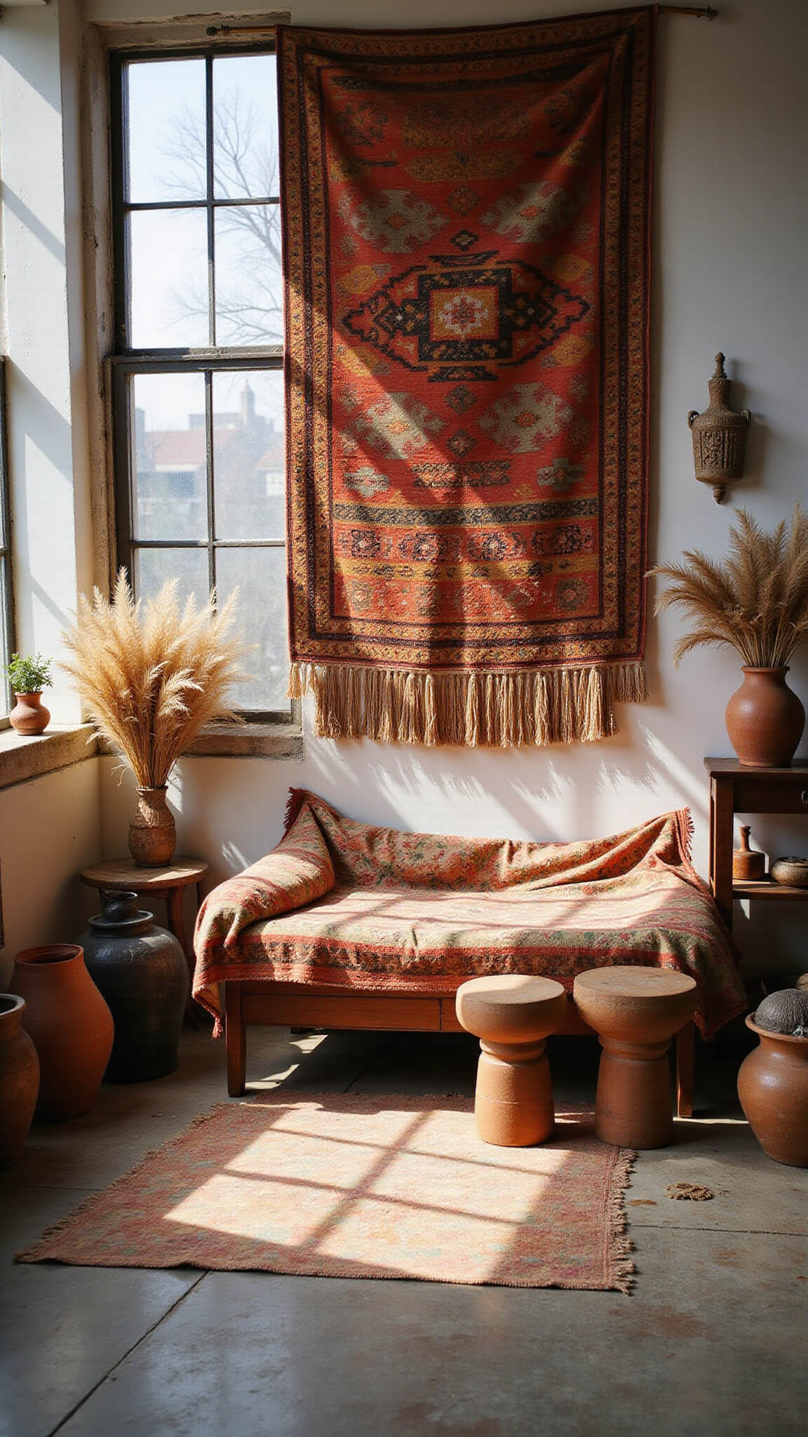 Sunlit artist's studio with vintage daybed, textile wall hanging, global artifacts, and pampas grass, viewed from above.