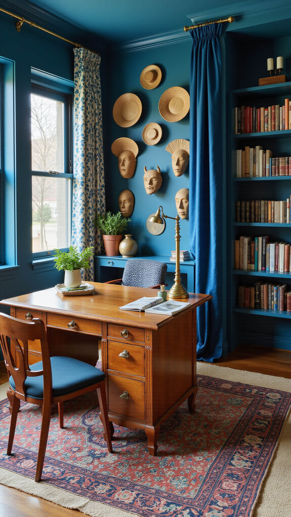 Eclectic home office with peacock blue walls, vintage burled wood desk, brass accessories, and gallery wall of masks and baskets, softly lit during blue hour.