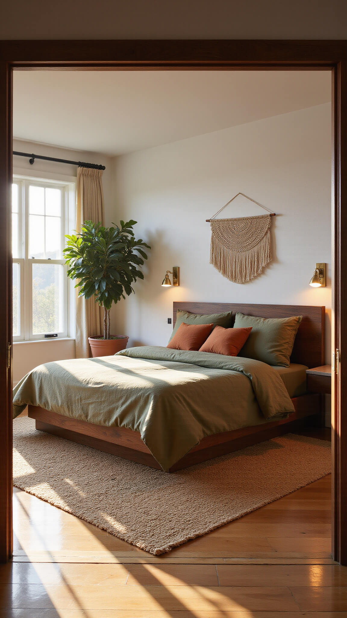 Serene 14x16ft bedroom bathed in golden hour light with olive bedding, walnut accent wall, jute rug, fiddle leaf fig, and brass sconces.